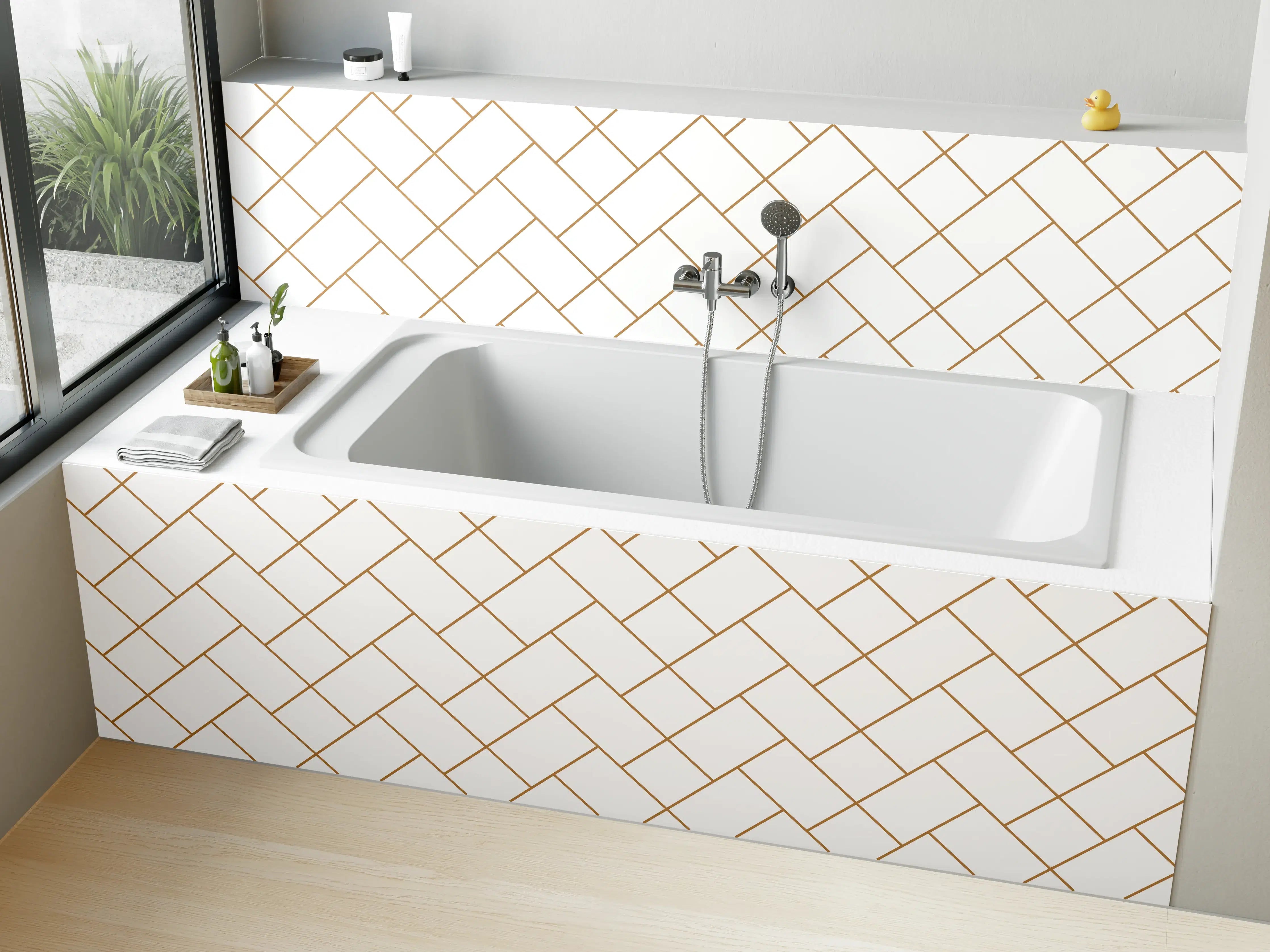 Badewannen-Rückwand - Gittermuster in Gold auf Weiß