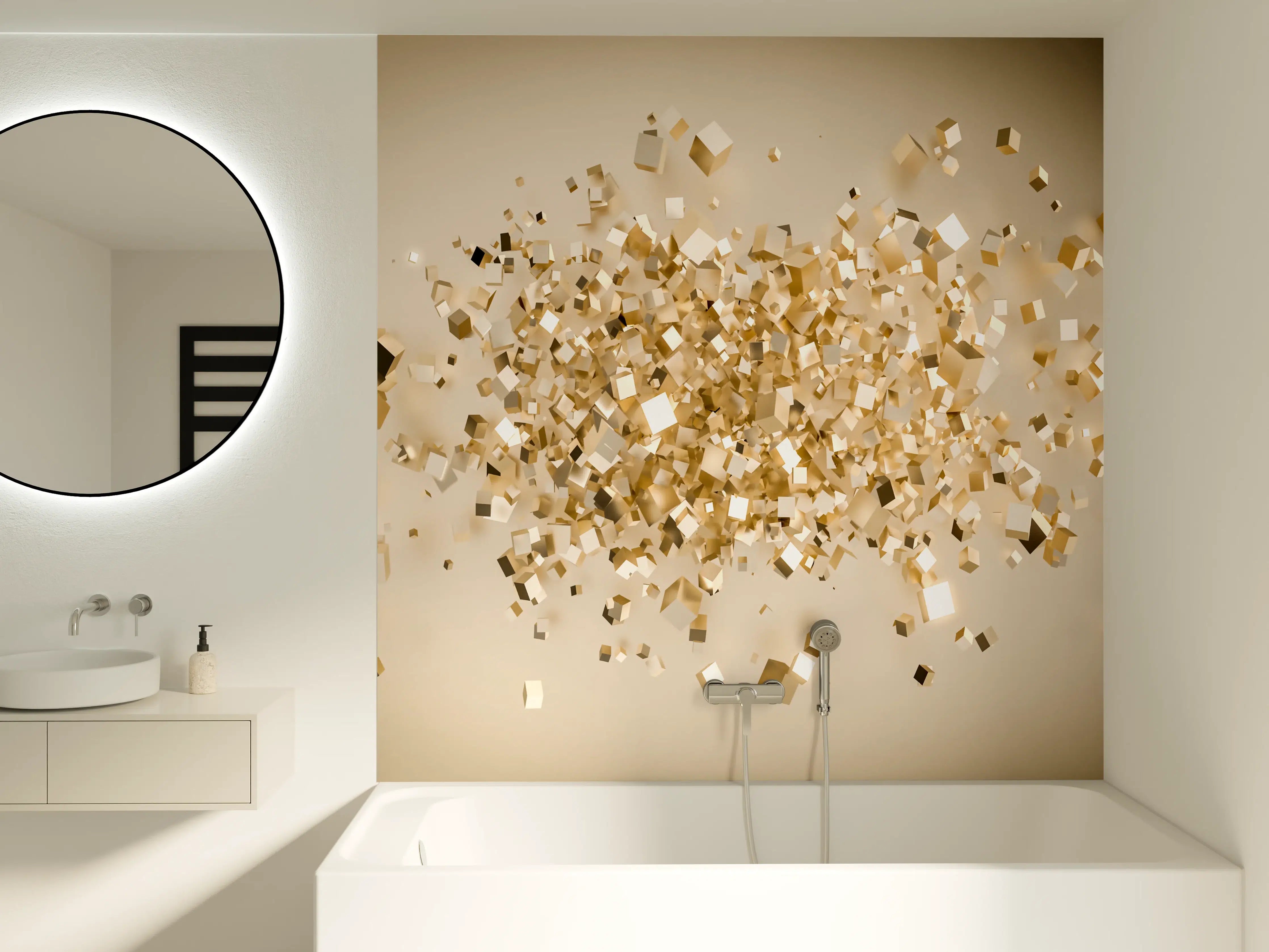 Badewannen-Rückwand - Glänzende Goldwürfel 3D