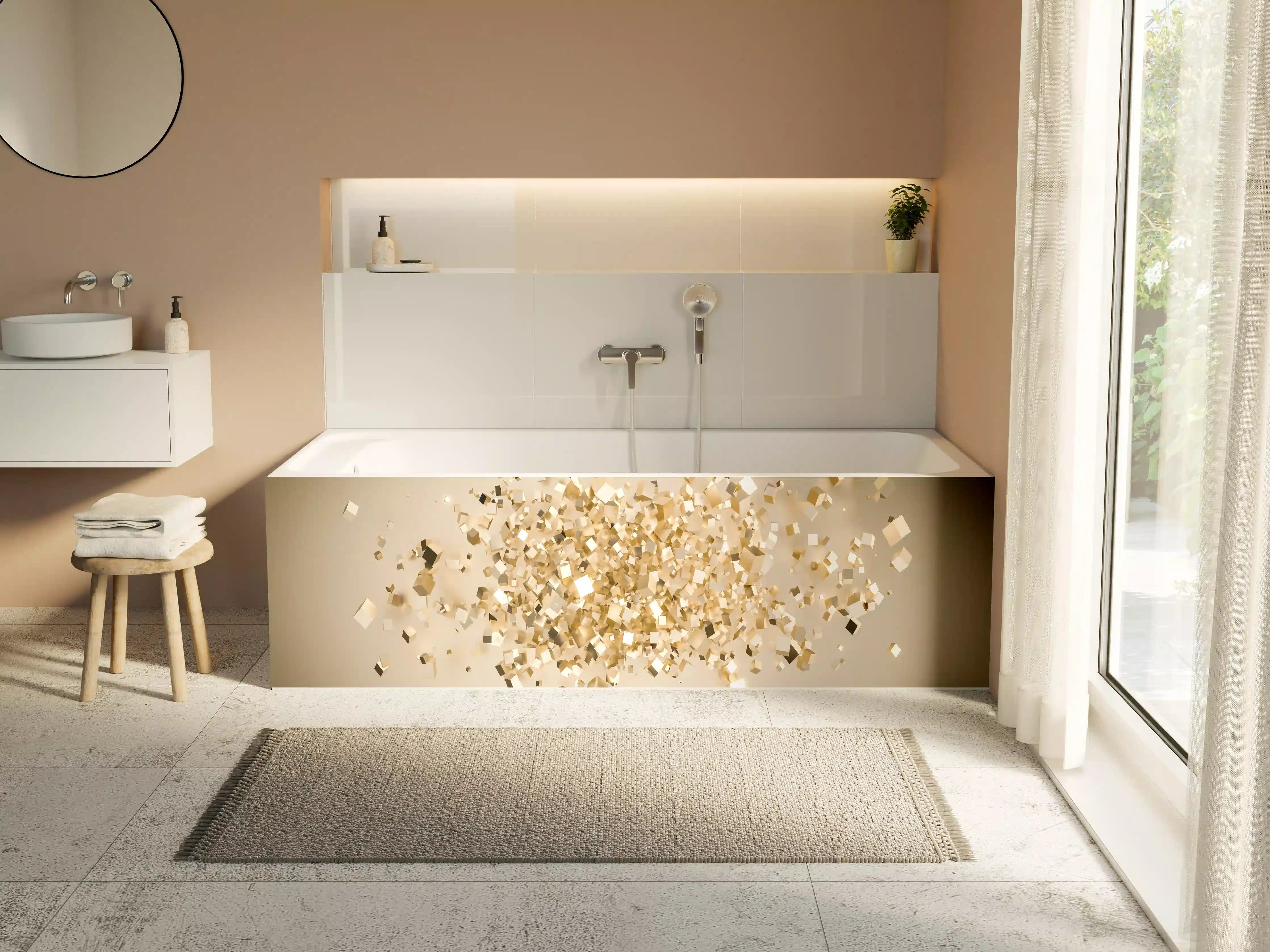 Badewannen-Rückwand - Glänzende Goldwürfel 3D