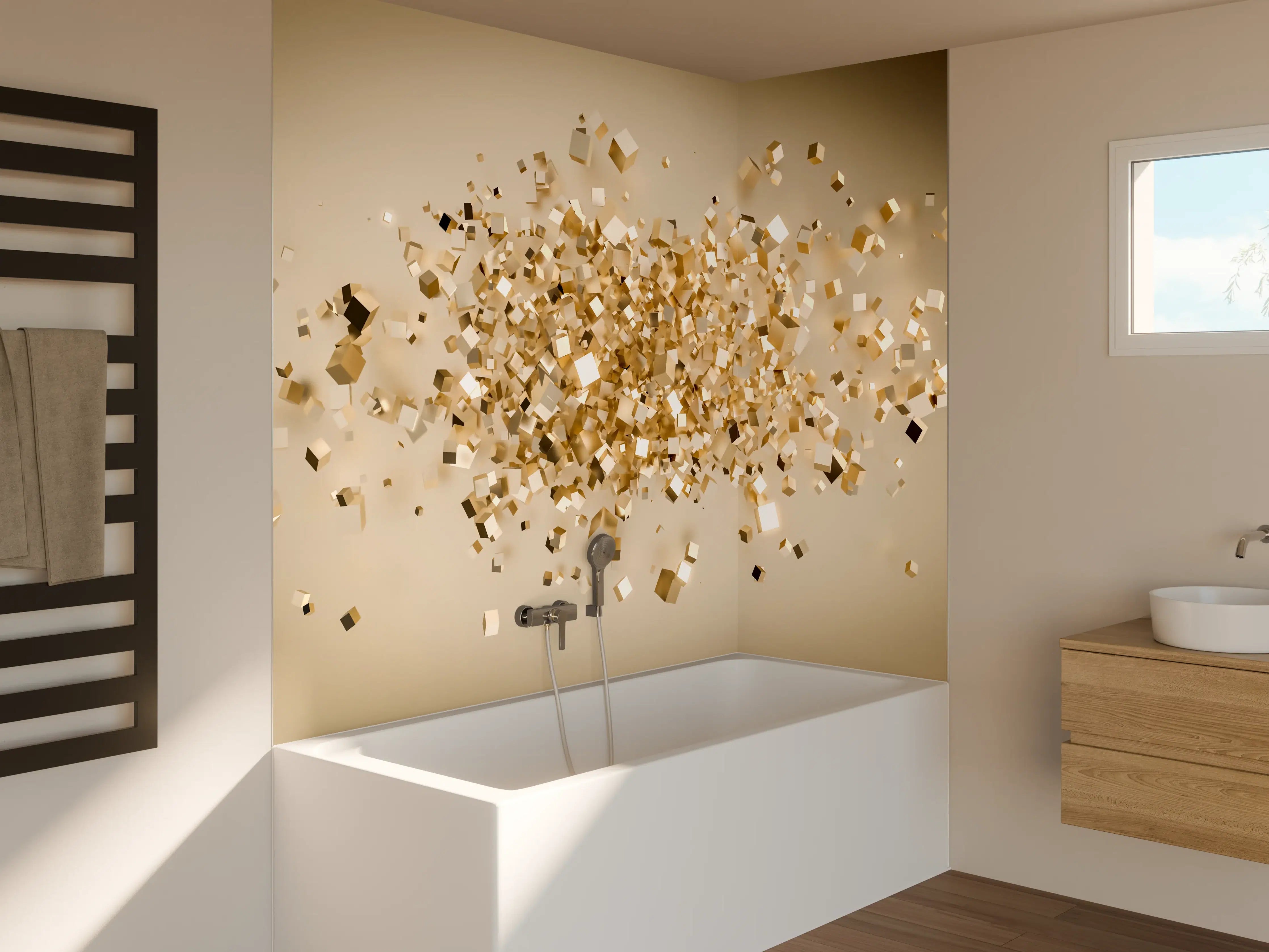 Badewannen-Rückwand - Glänzende Goldwürfel 3D