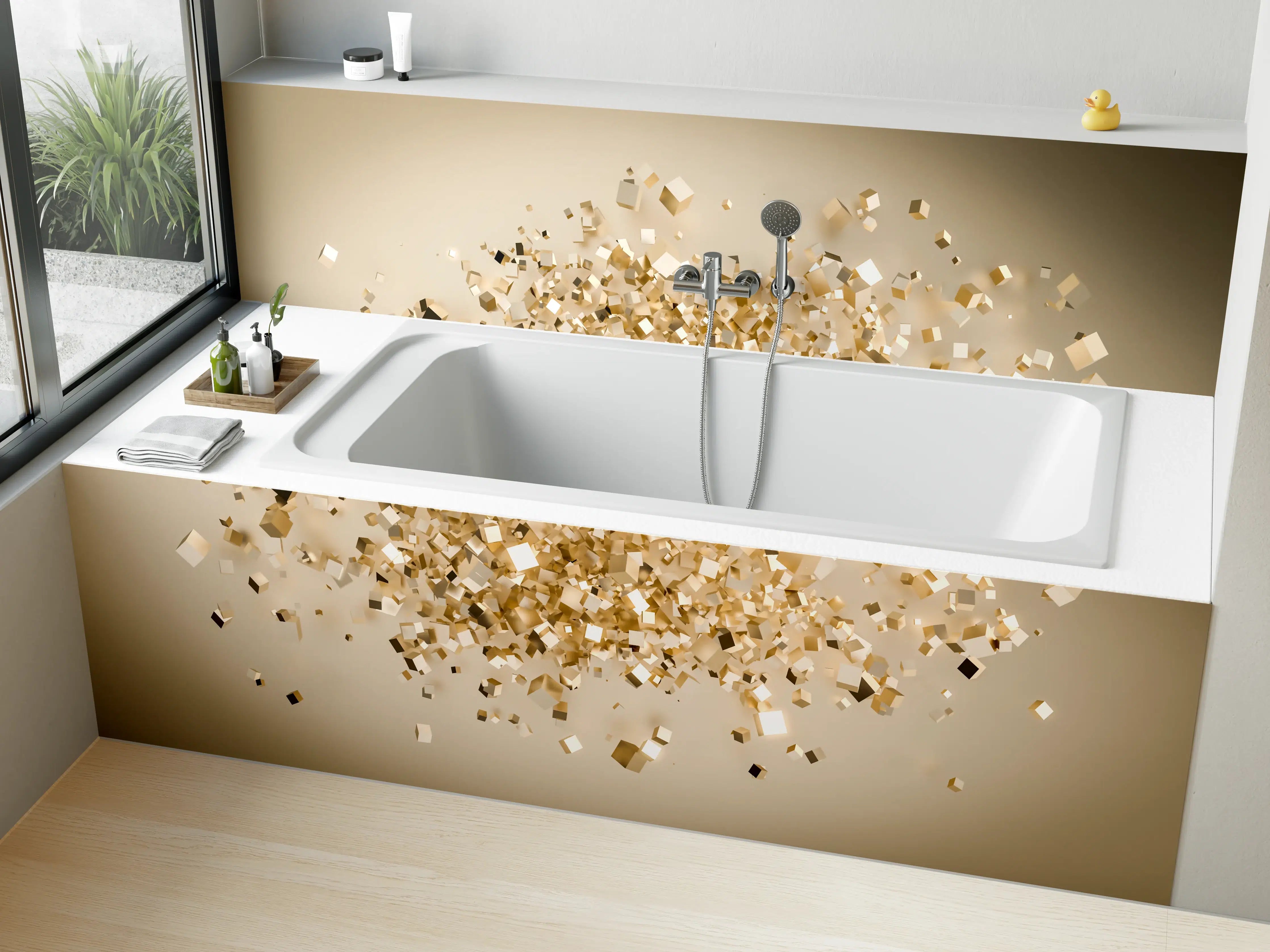 Badewannen-Rückwand - Glänzende Goldwürfel 3D