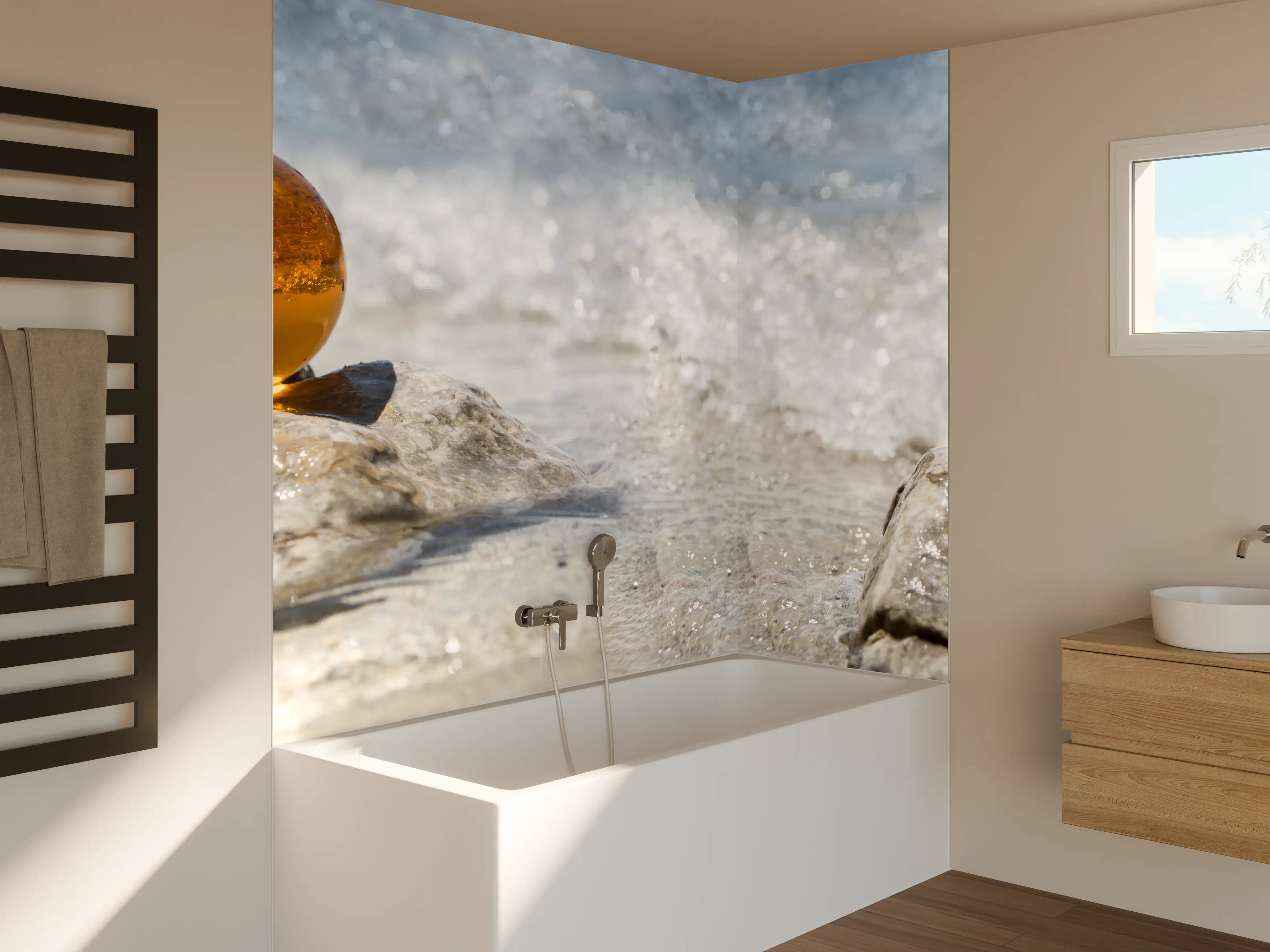 Badewannen-Rückwand - Glaskugel am Strand