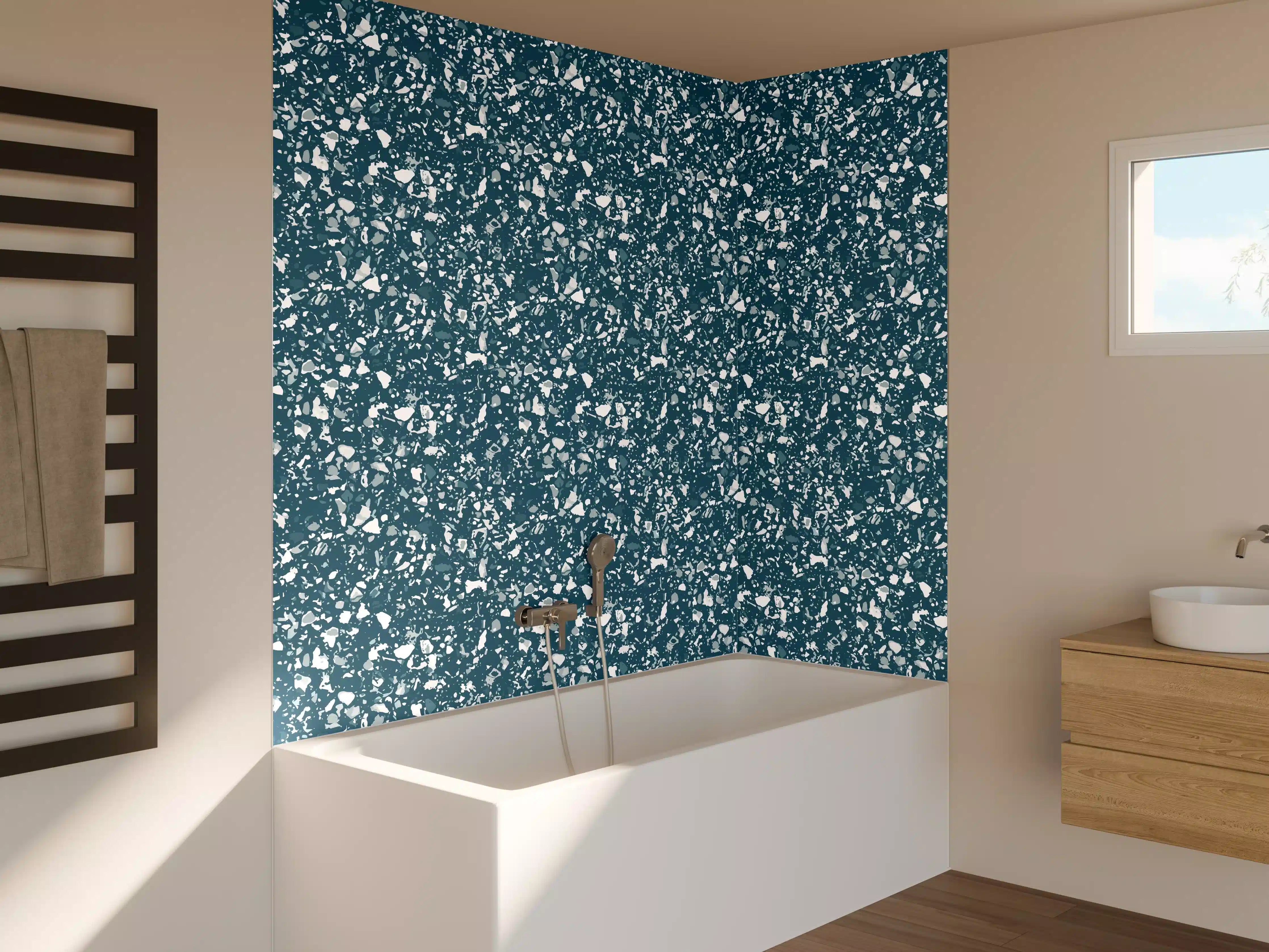 Badewannen-Rückwand - Glitzernde Schneeflocken auf dunkelblauem Hintergrund