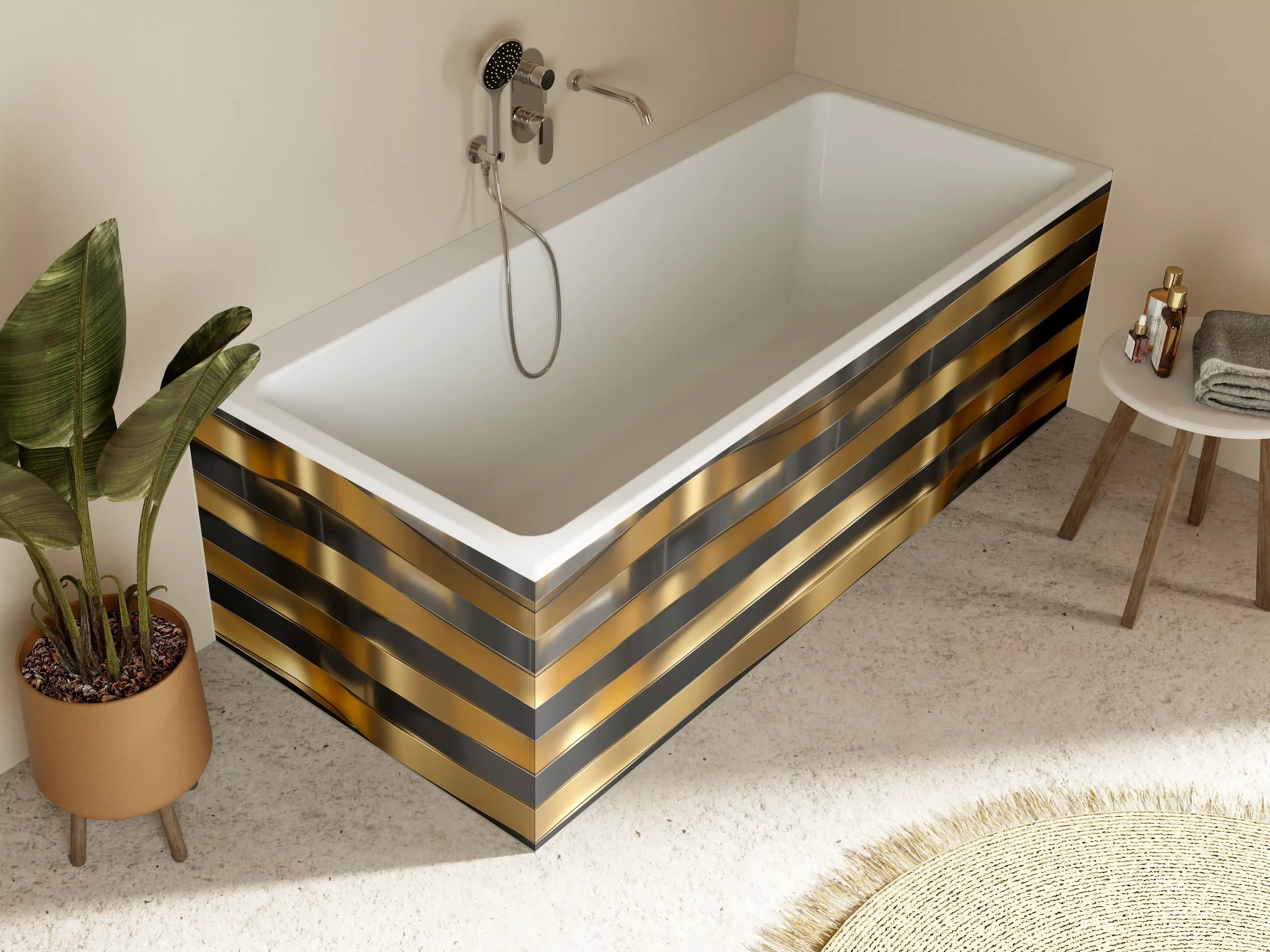 Badewannen-Rückwand - Gold-Schwarz-Wellenmuster mit metallic Glanz