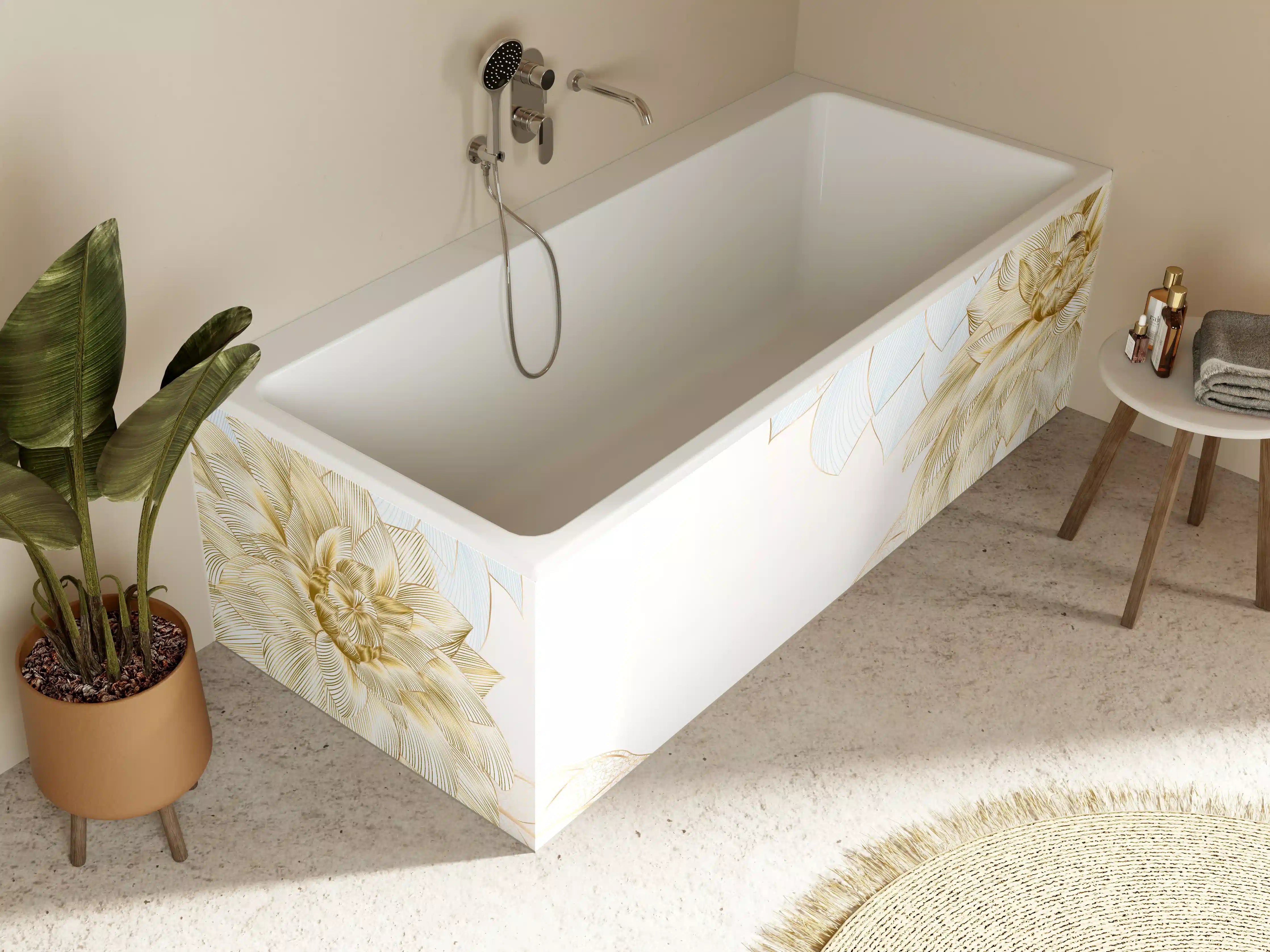 Badewannen-Rückwand - Gold-Weiß Floral Design