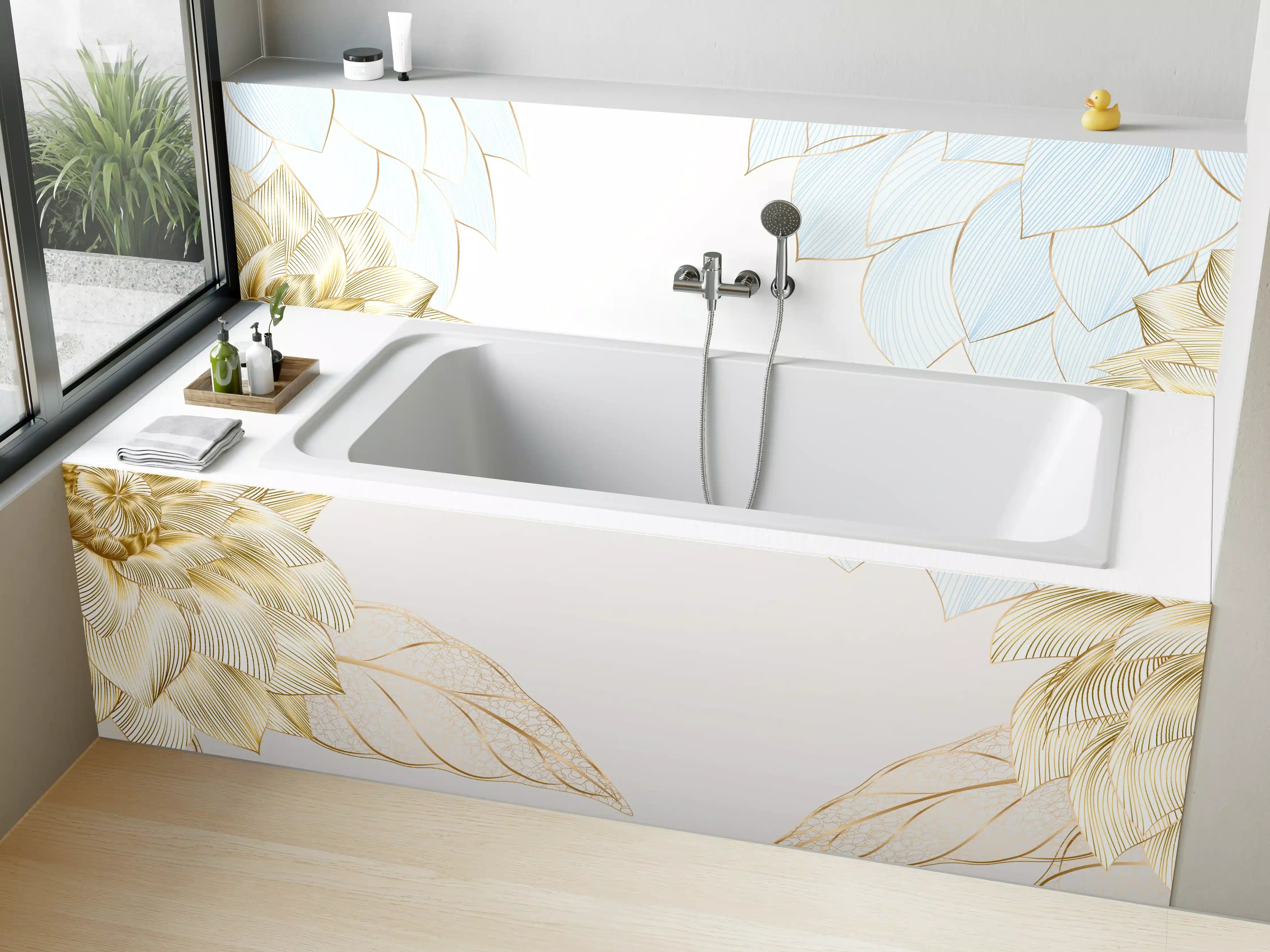 Badewannen-Rückwand - Gold-Weiß Floral Design