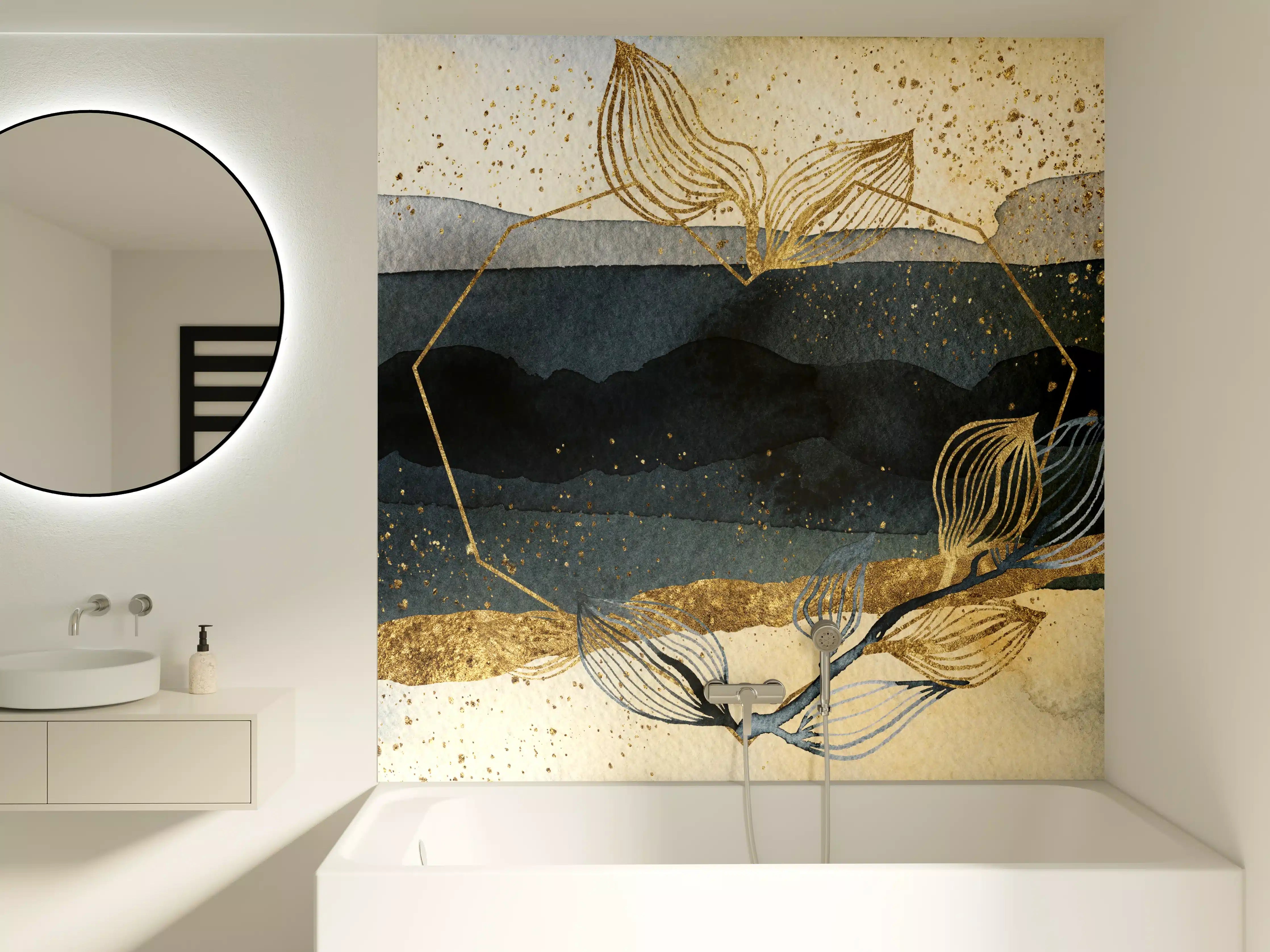 Badewannen-Rückwand - Goldene Akzente auf Wasser- und Naturmotiven