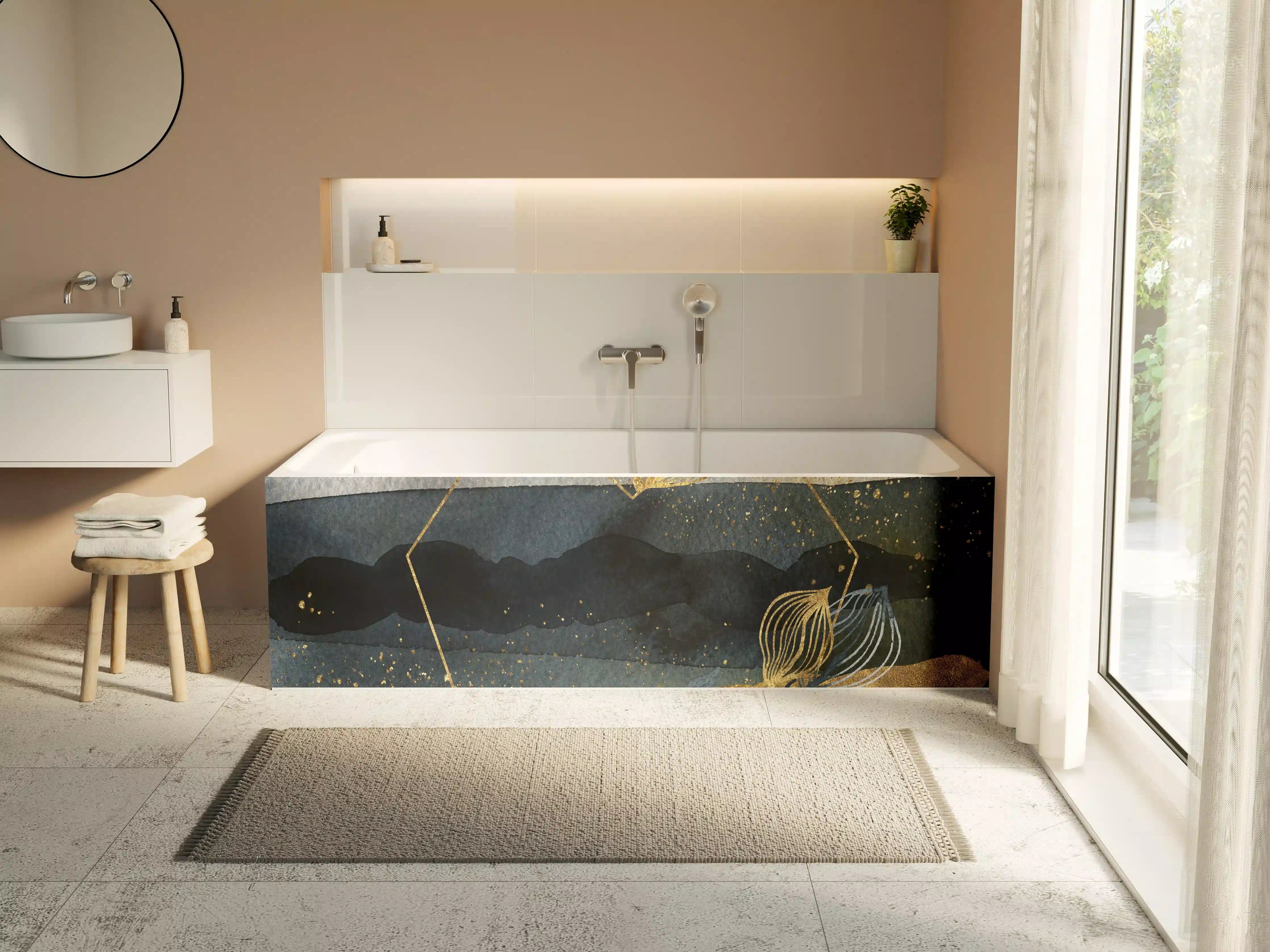 Badewannen-Rückwand - Goldene Akzente auf Wasser- und Naturmotiven