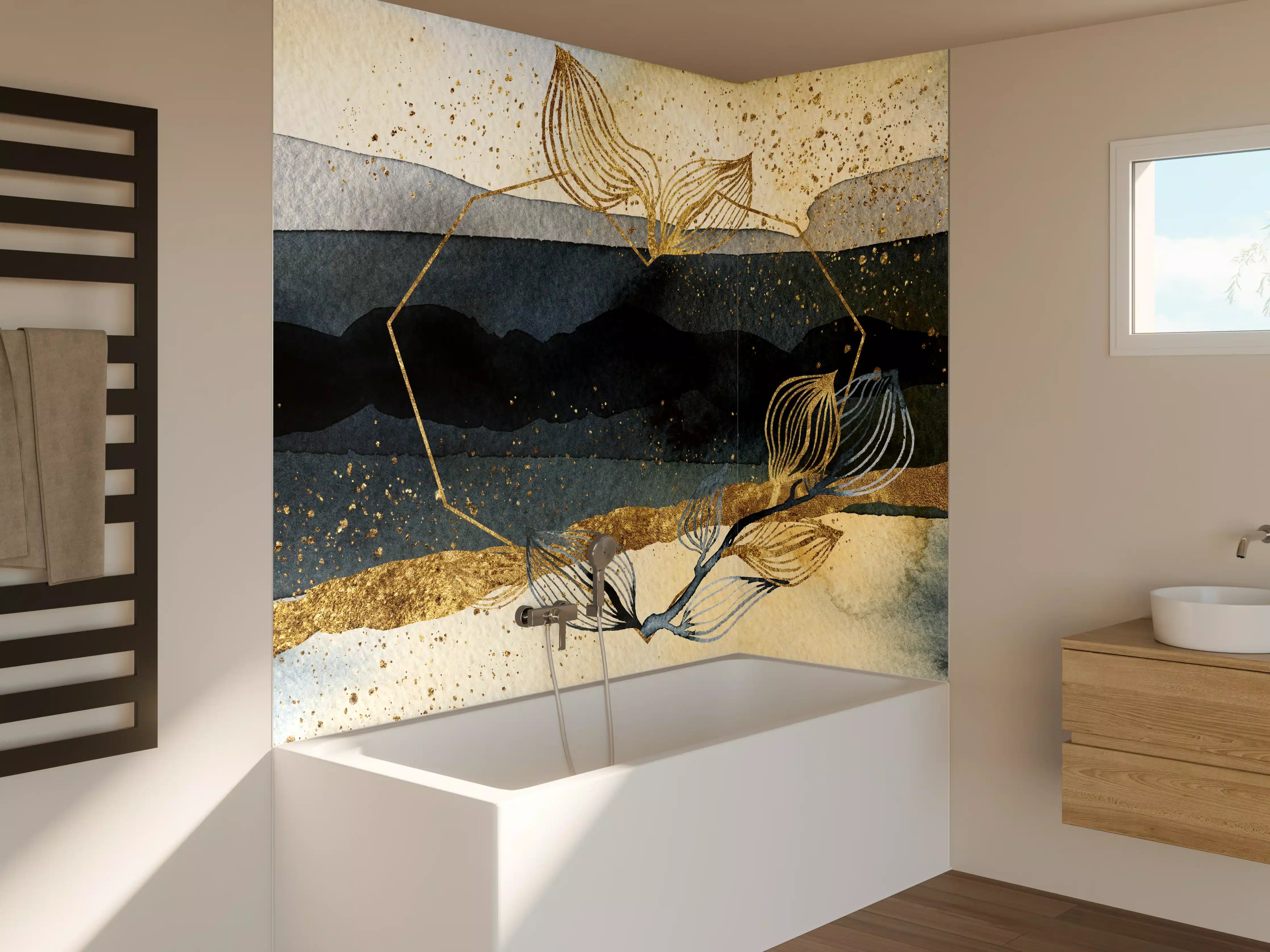 Badewannen-Rückwand - Goldene Akzente auf Wasser- und Naturmotiven