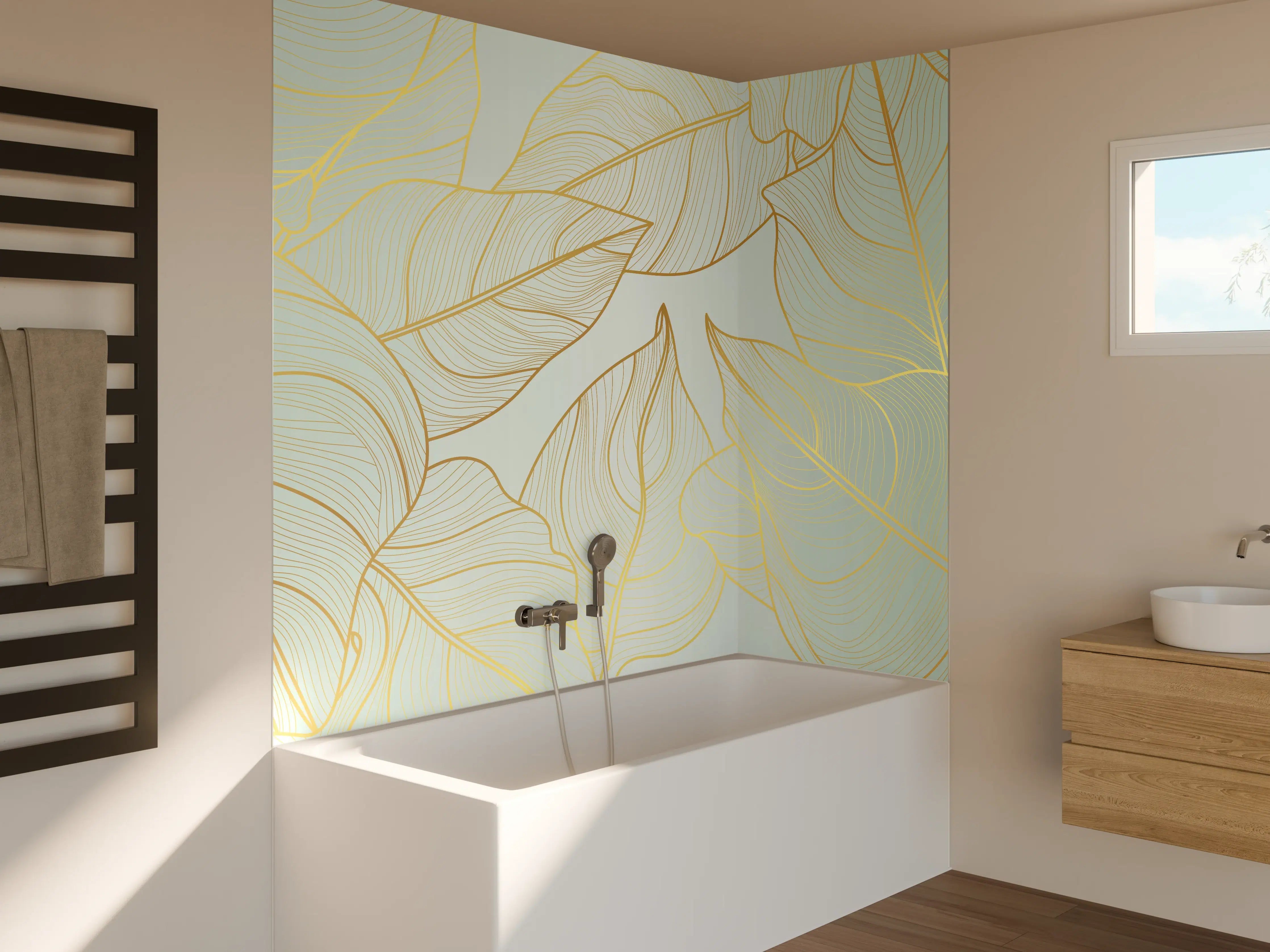 Badewannen-Rückwand - Goldene Blätter auf Hellgelb