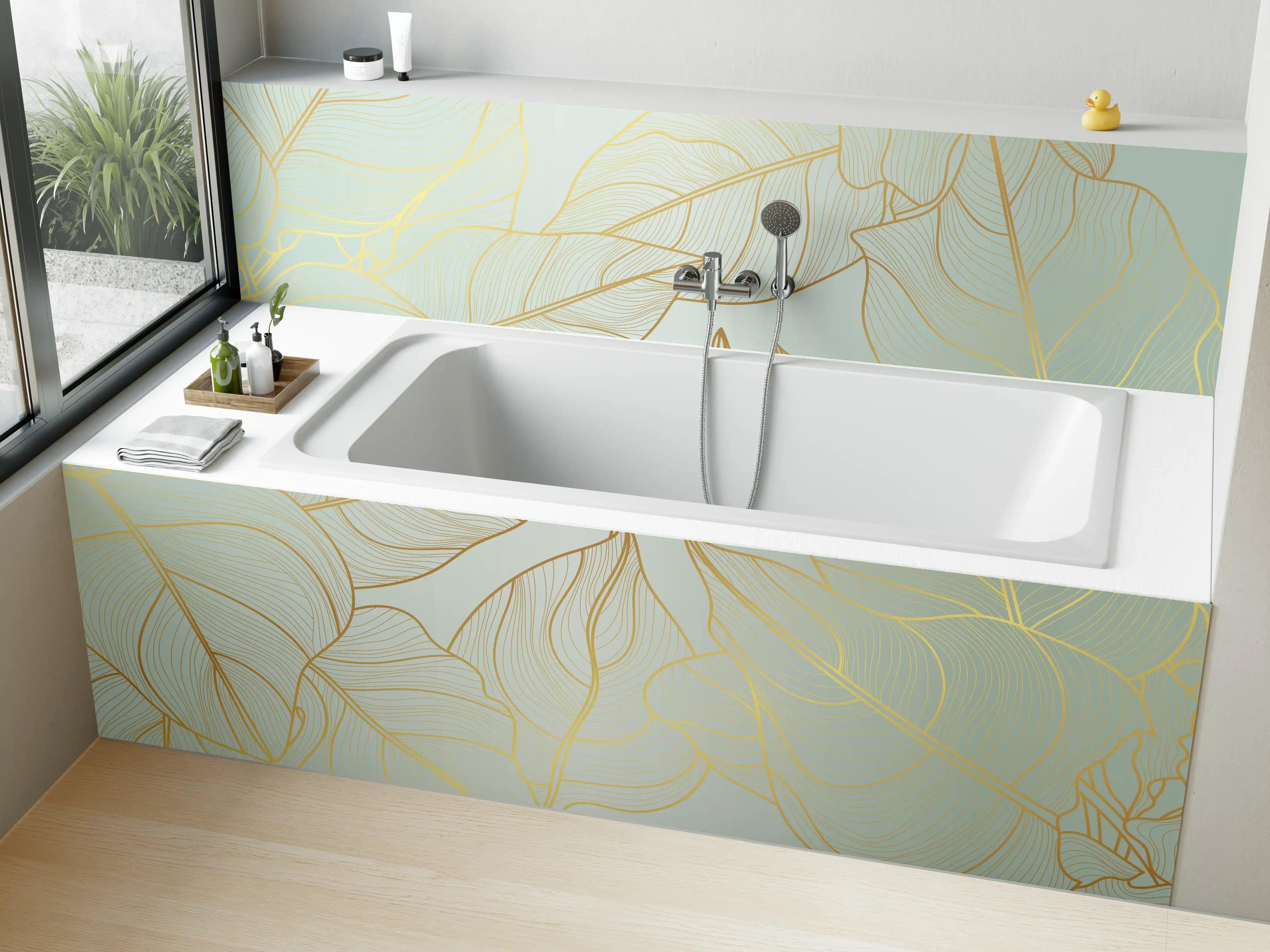 Badewannen-Rückwand - Goldene Blätter auf Hellgelb