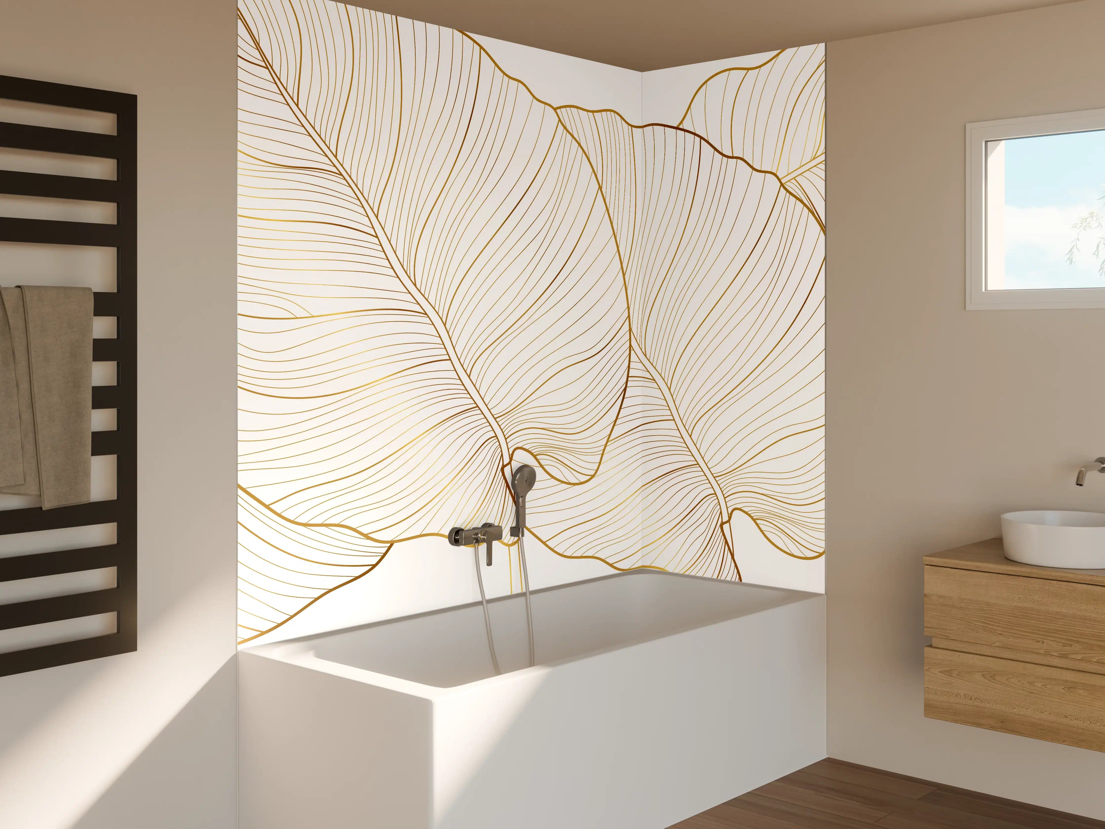 Badewannen-Rückwand - Goldene Blattstruktur auf Weiß