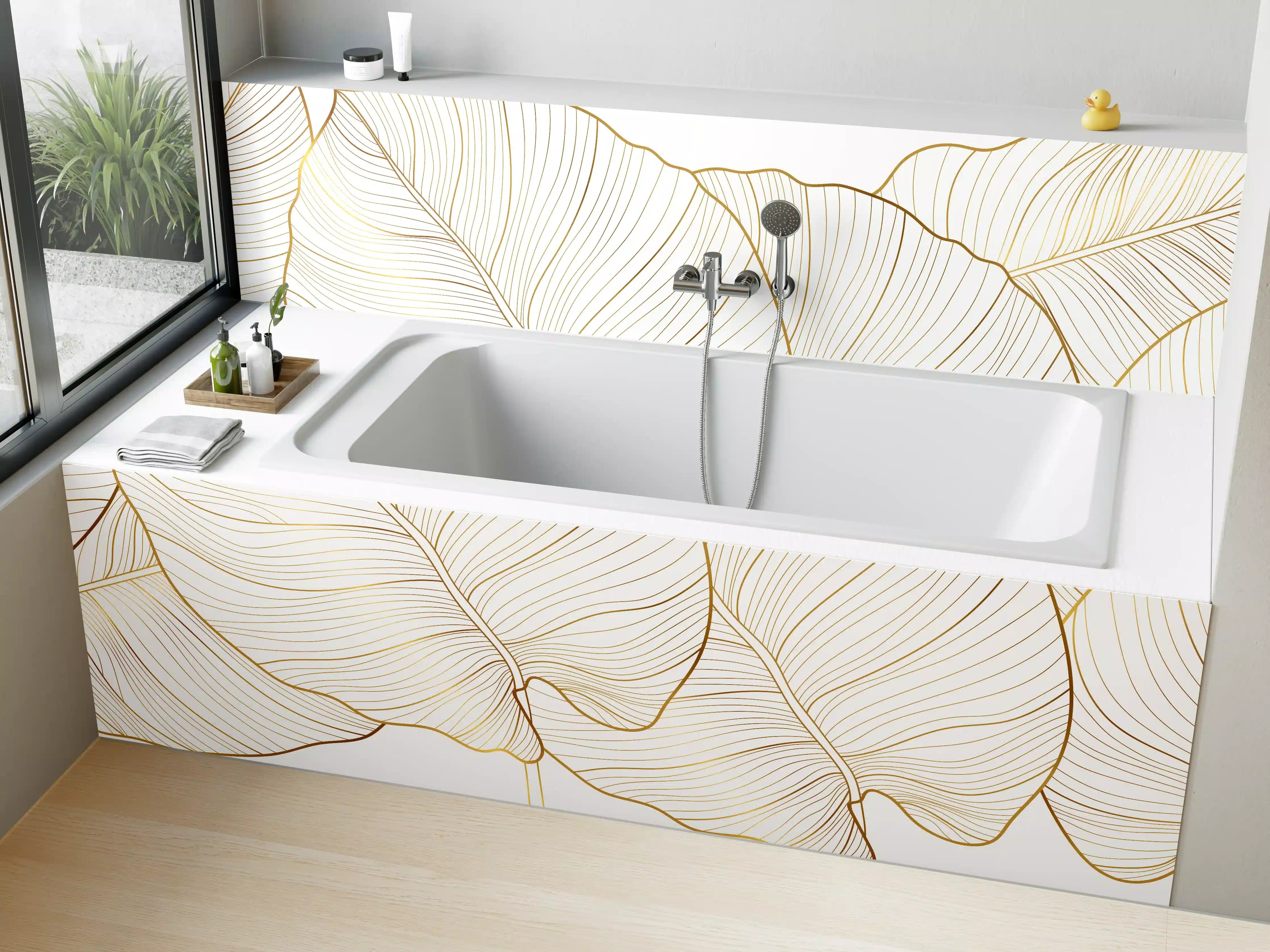 Badewannen-Rückwand - Goldene Blattstruktur auf Weiß