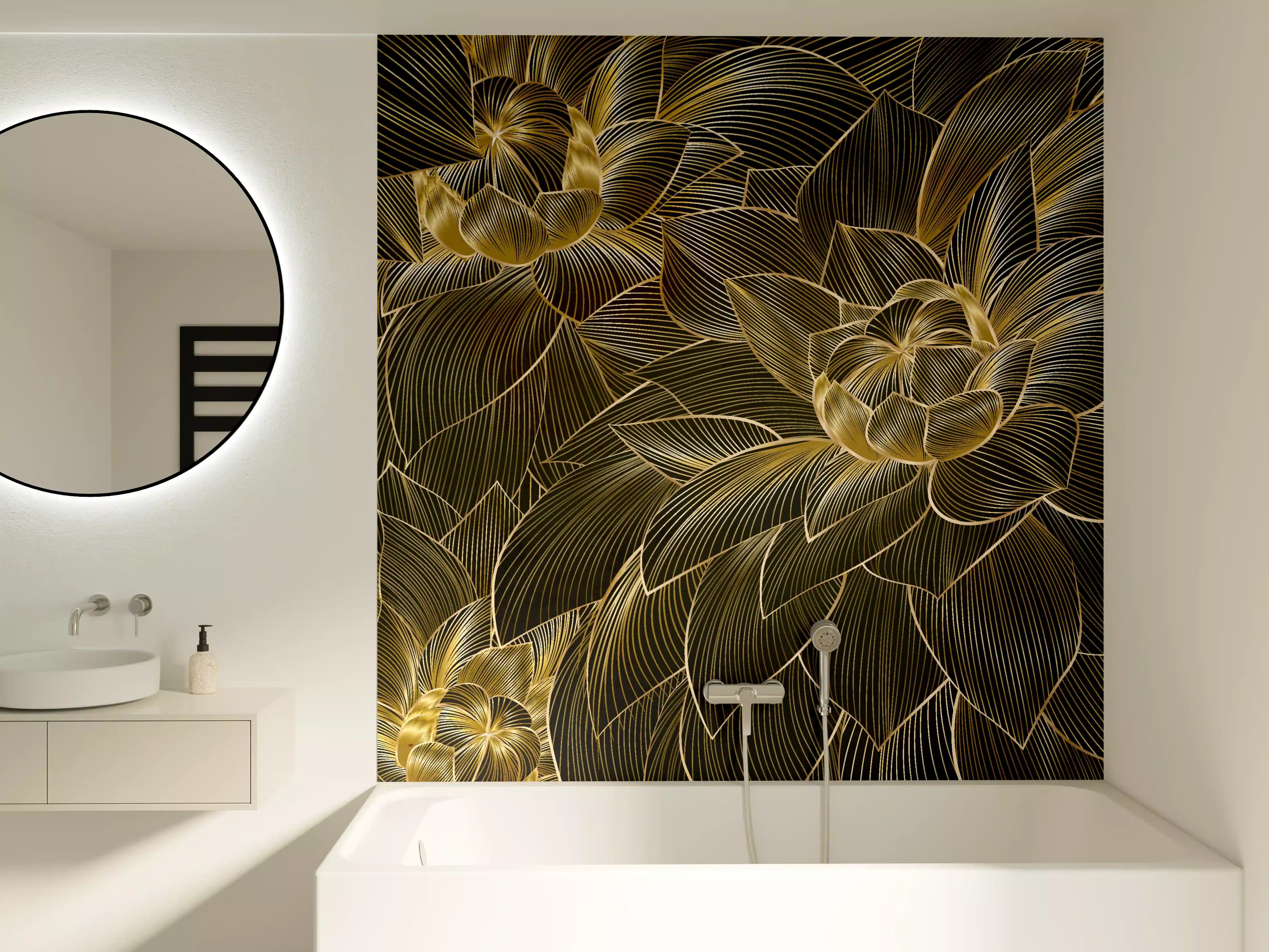 Badewannen-Rückwand - Goldene Blütenmuster Tapete