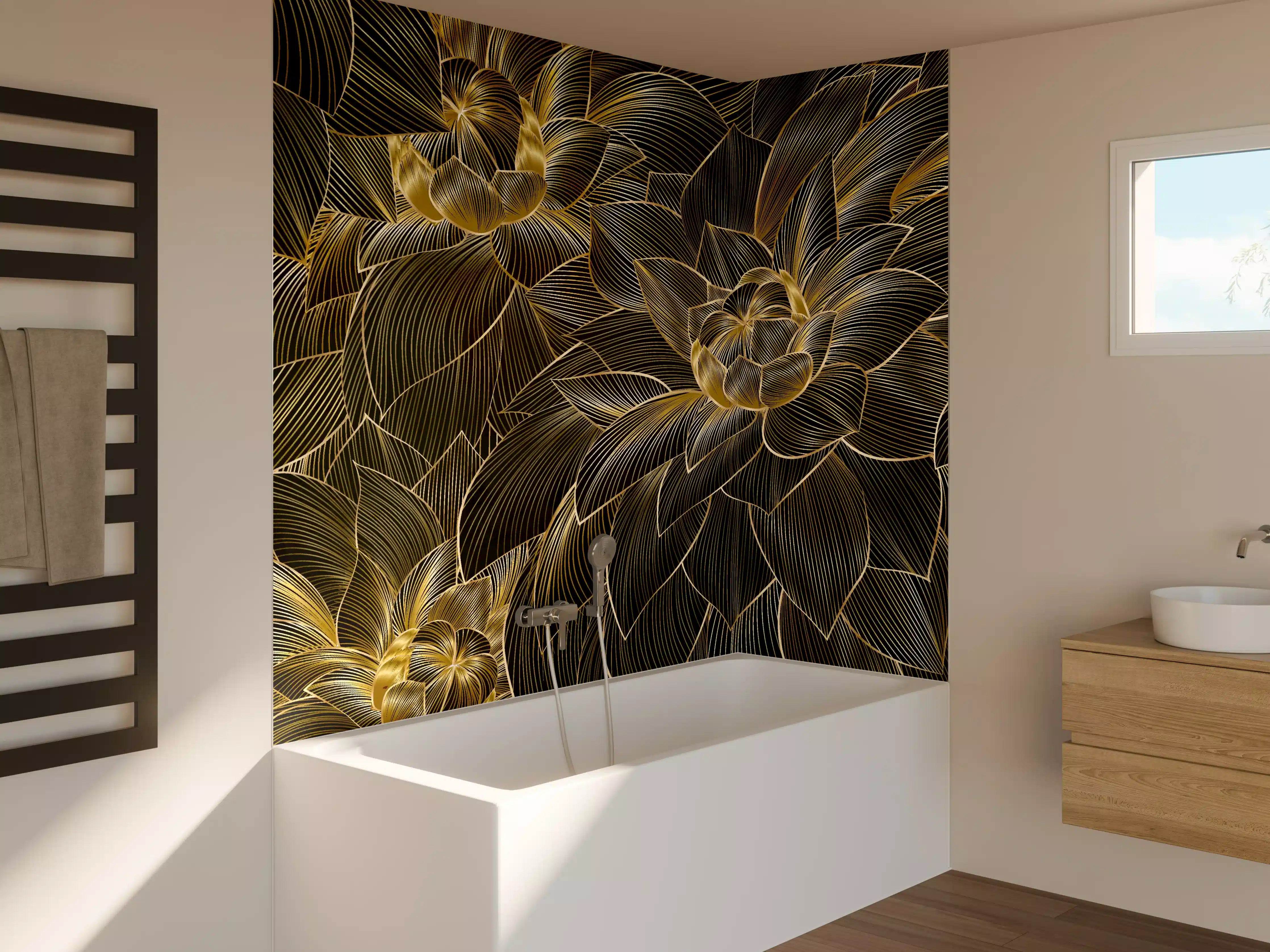 Badewannen-Rückwand - Goldene Blütenmuster Tapete