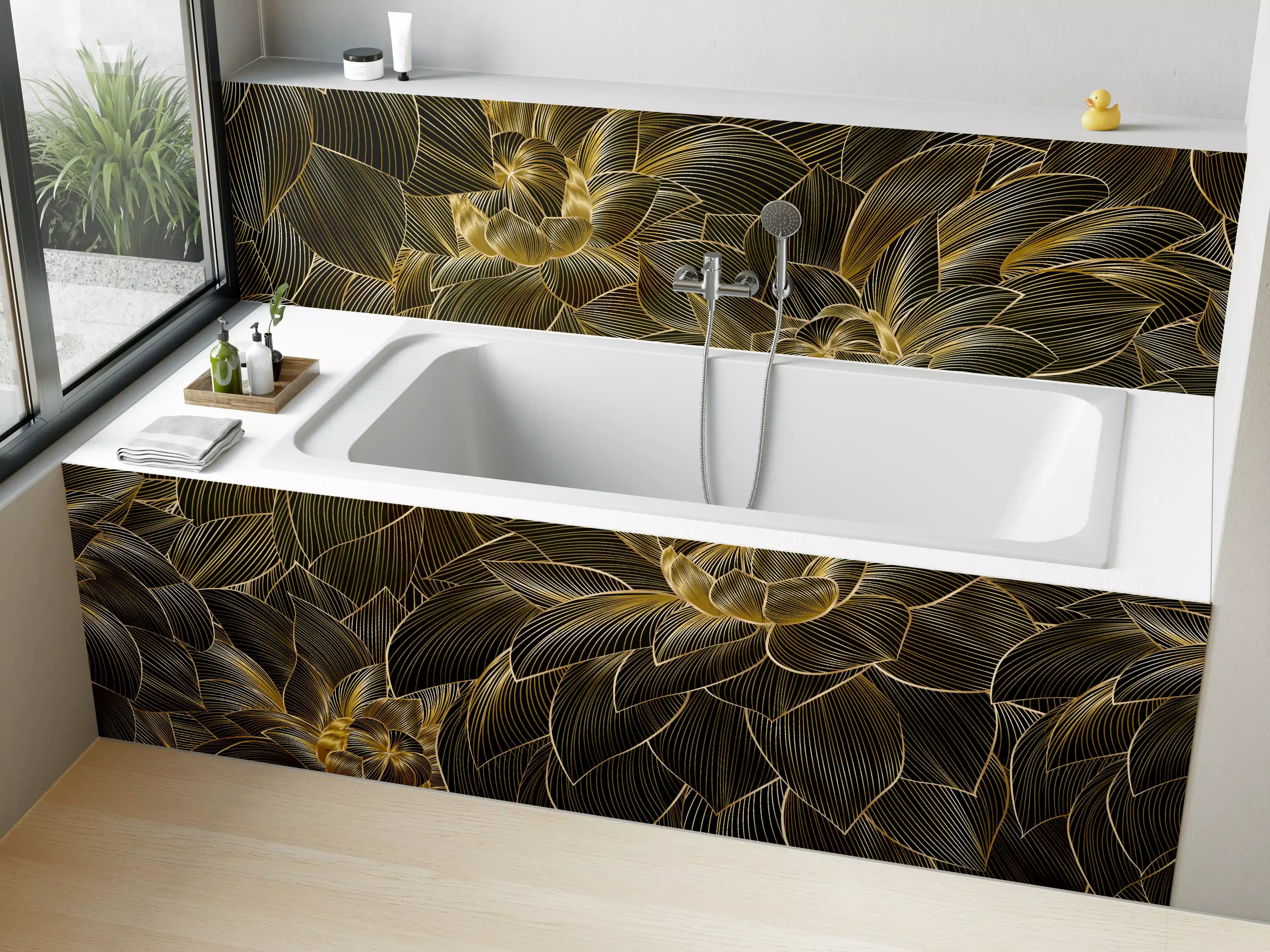 Badewannen-Rückwand - Goldene Blütenmuster Tapete