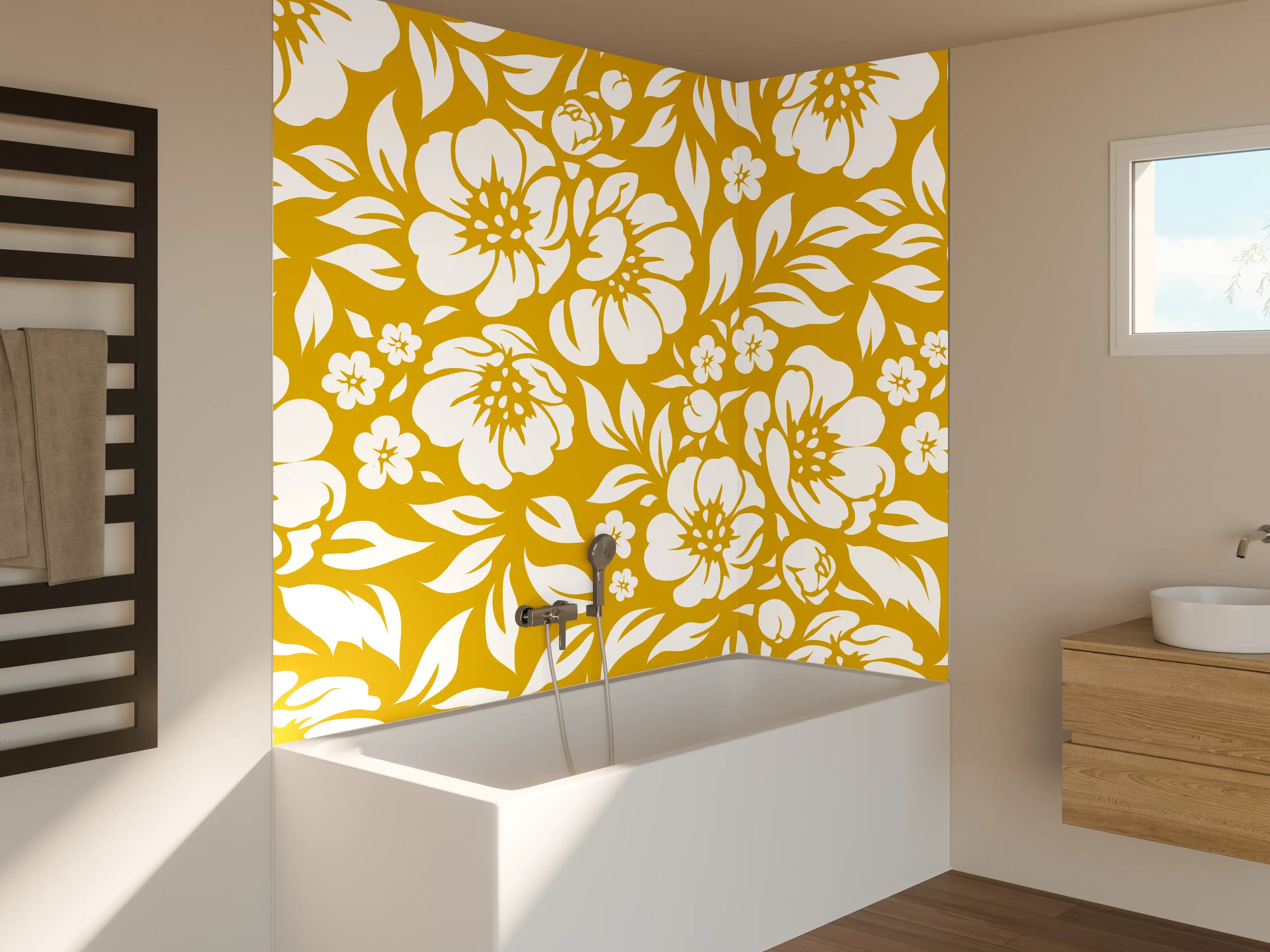 Badewannen-Rückwand - Goldene Blumendekoration mit floralem Muster