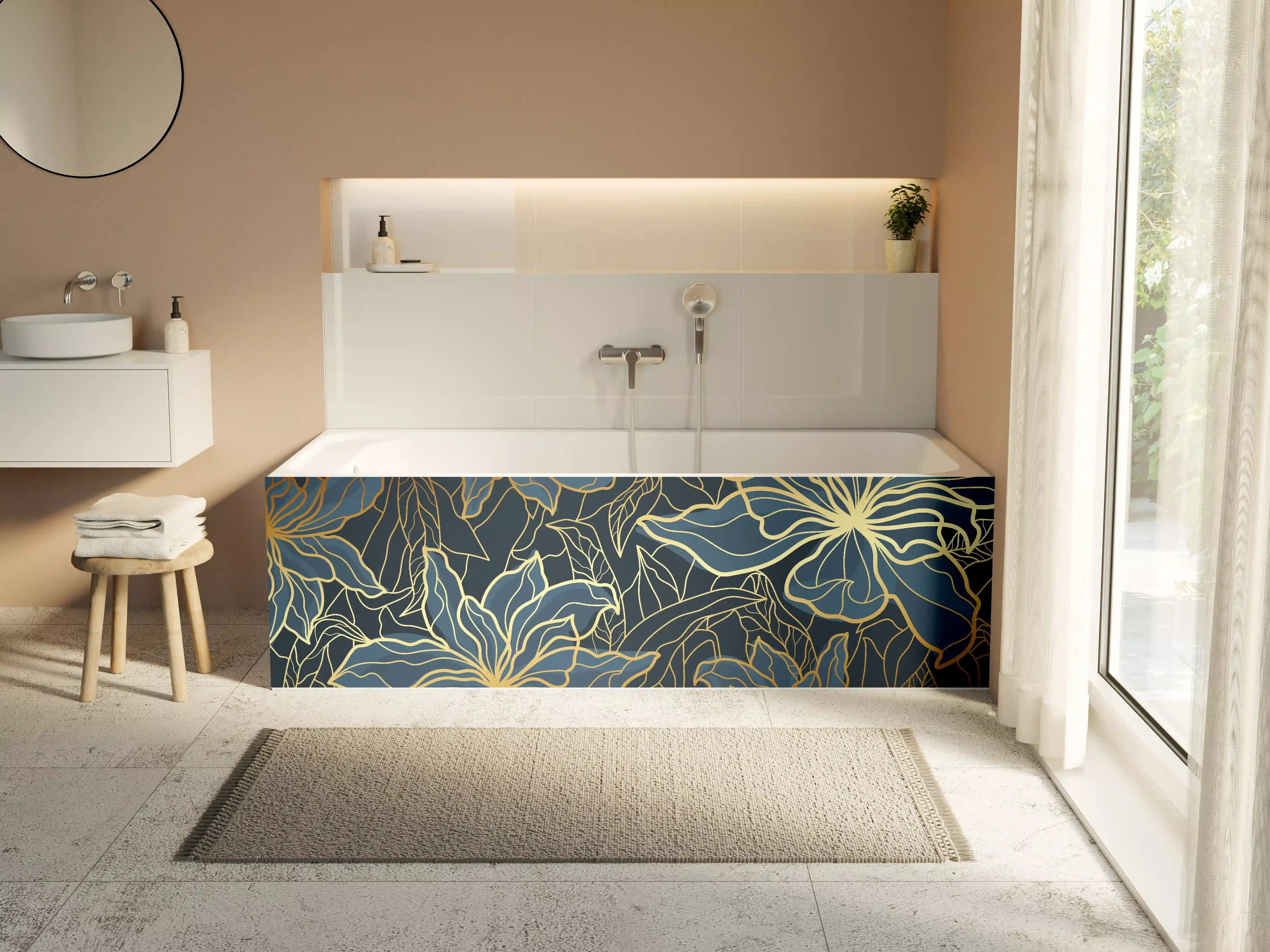 Badewannen-Rückwand - Goldene Blumenranken auf Dunkelblau