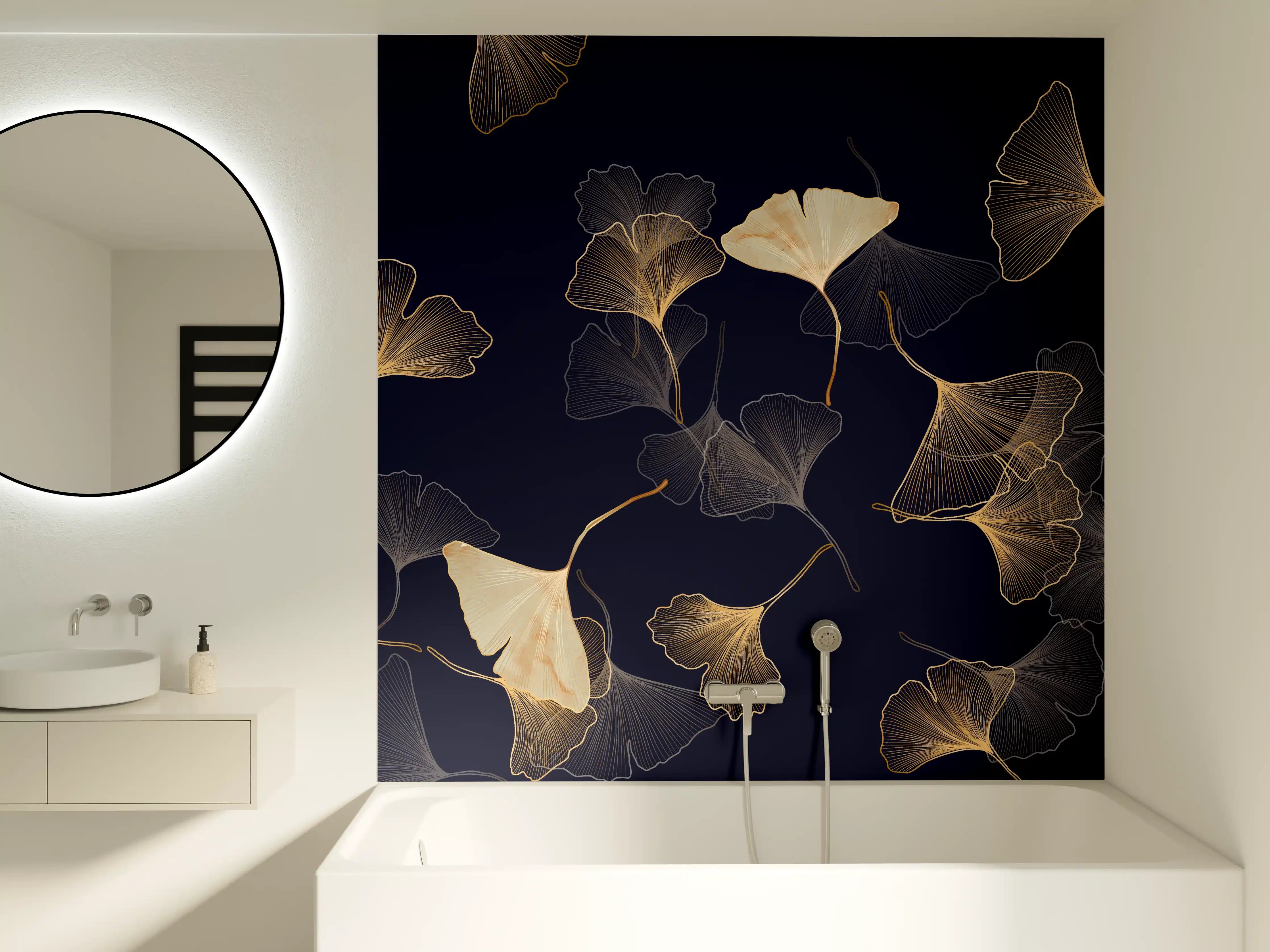 Badewannen-Rückwand - Goldene Ginkgo Blatt Design Tapete