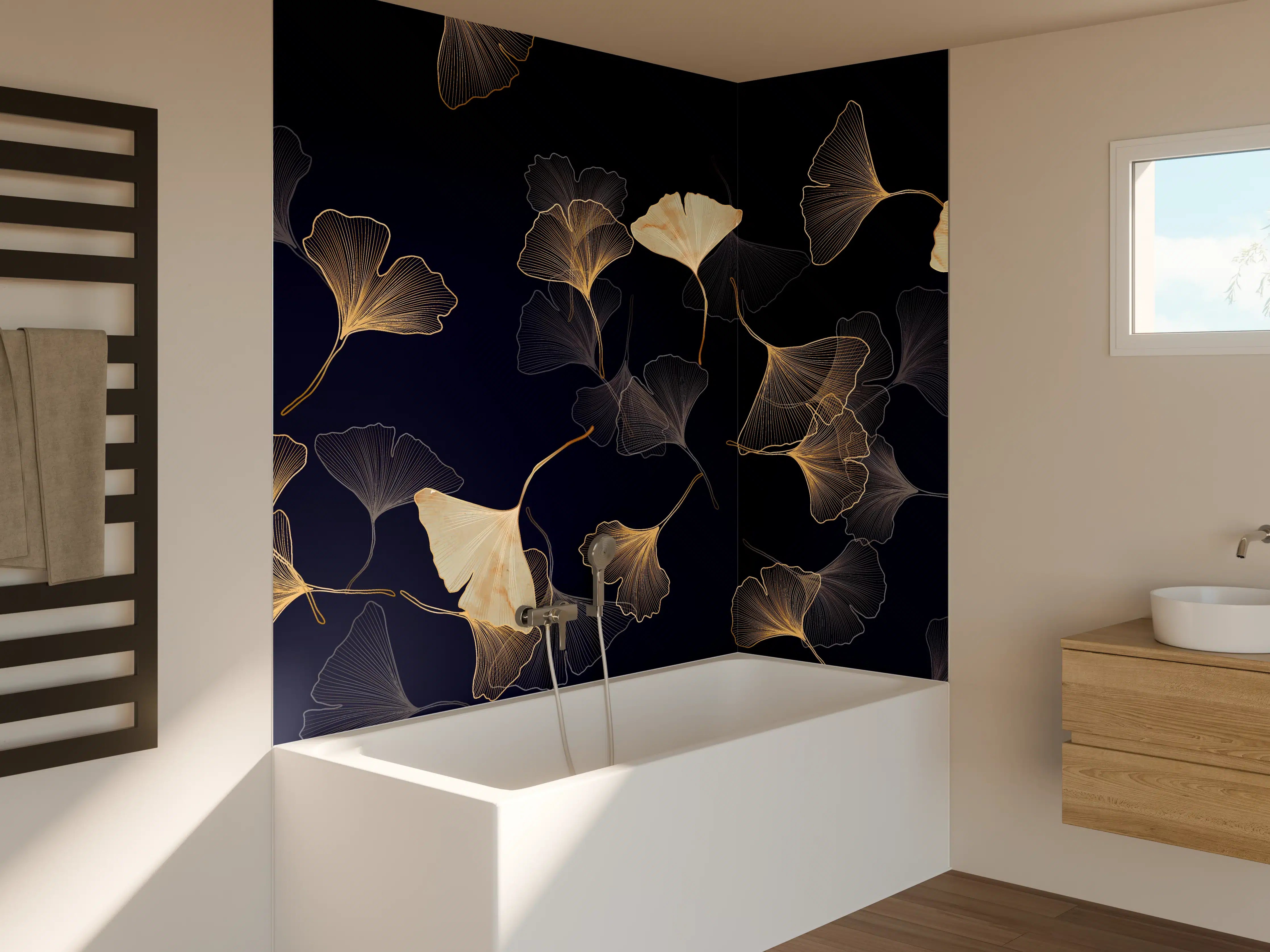 Badewannen-Rückwand - Goldene Ginkgo Blatt Design Tapete