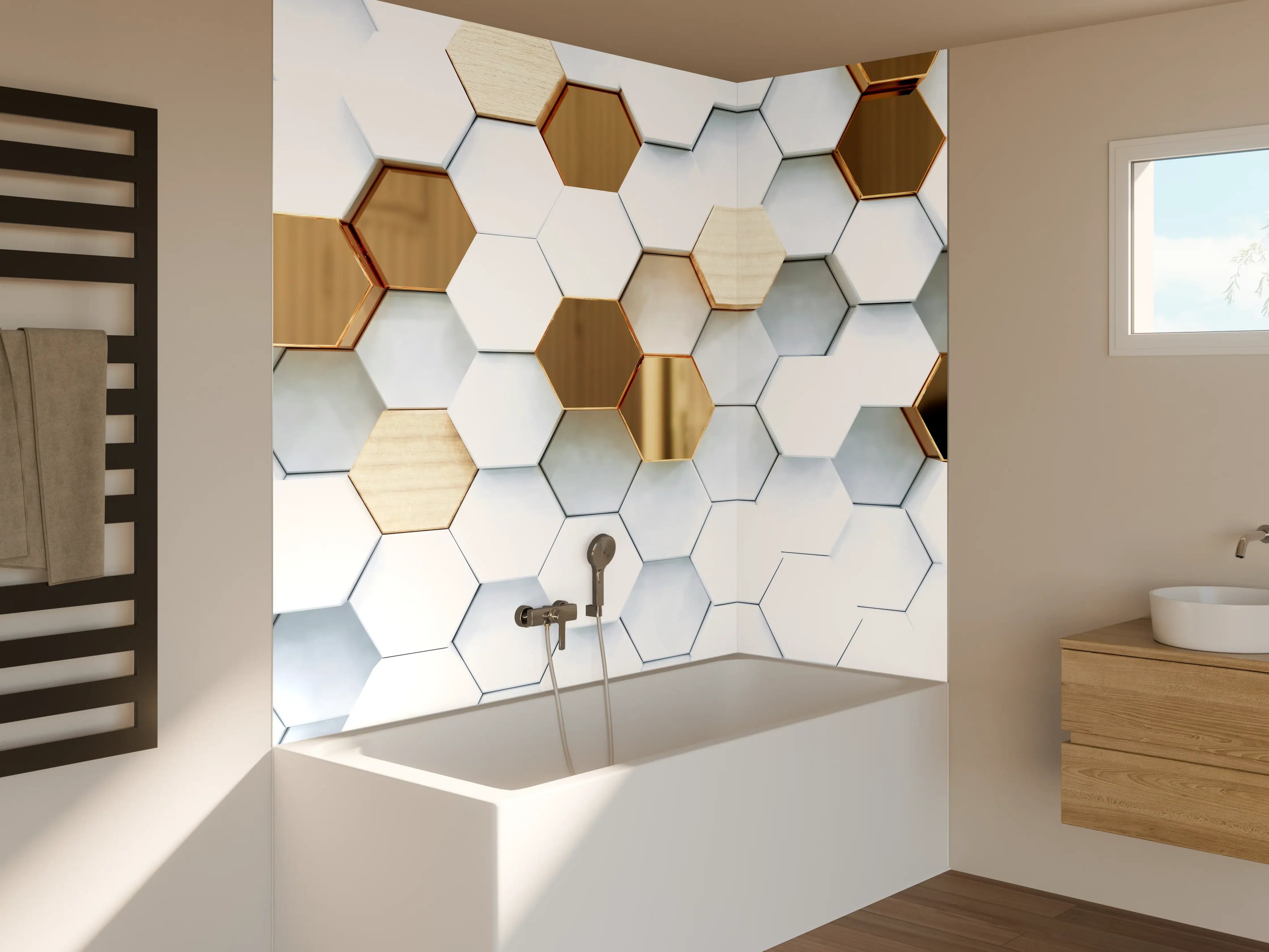 Badewannen-Rückwand - Goldene Hexagon Luxusstruktur