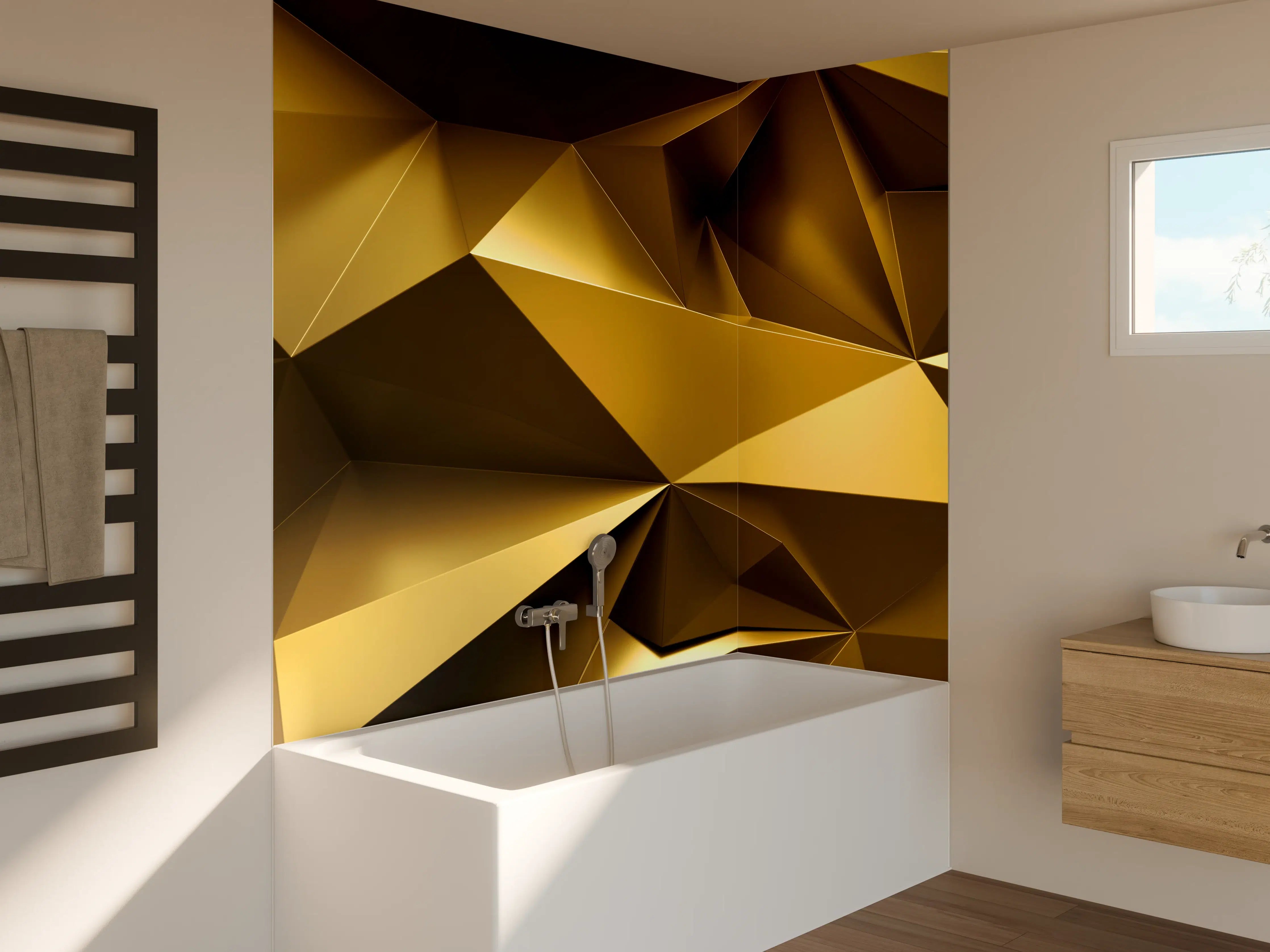 Badewannen-Rückwand - Goldene Kristall Polygon Tapete