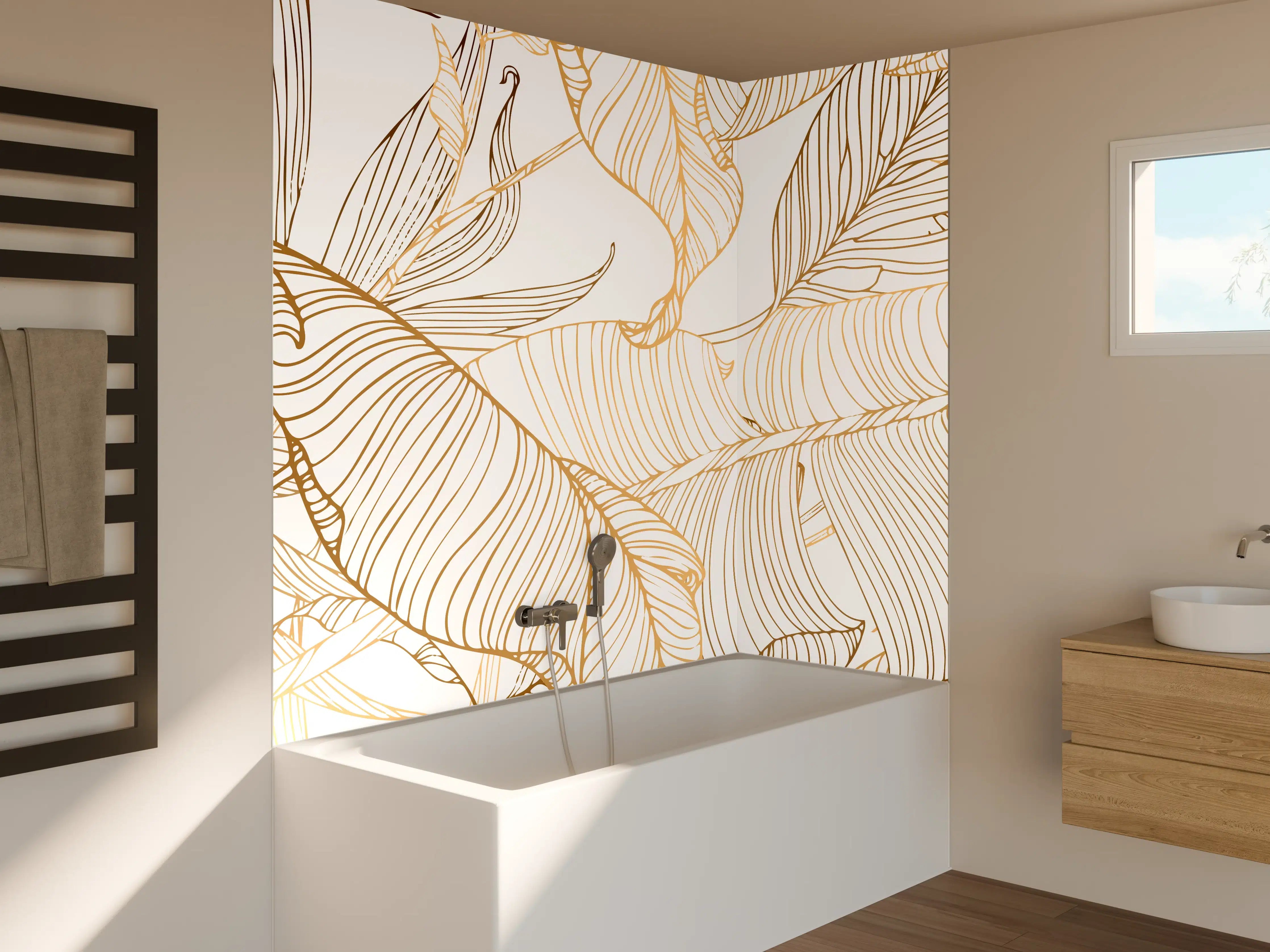 Badewannen-Rückwand - Goldene Lineart Blattmuster Kunst
