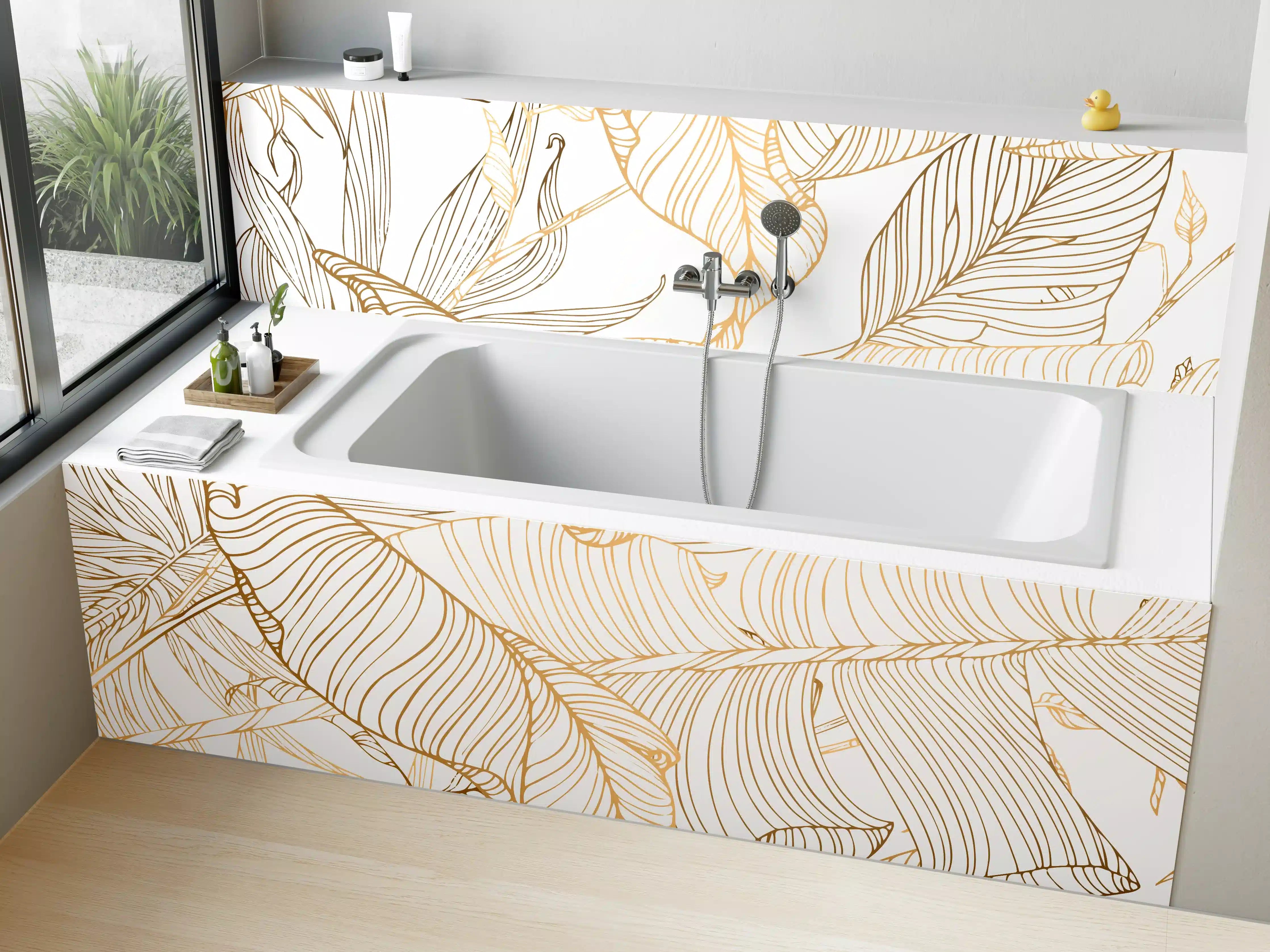 Badewannen-Rückwand - Goldene Lineart Blattmuster Kunst