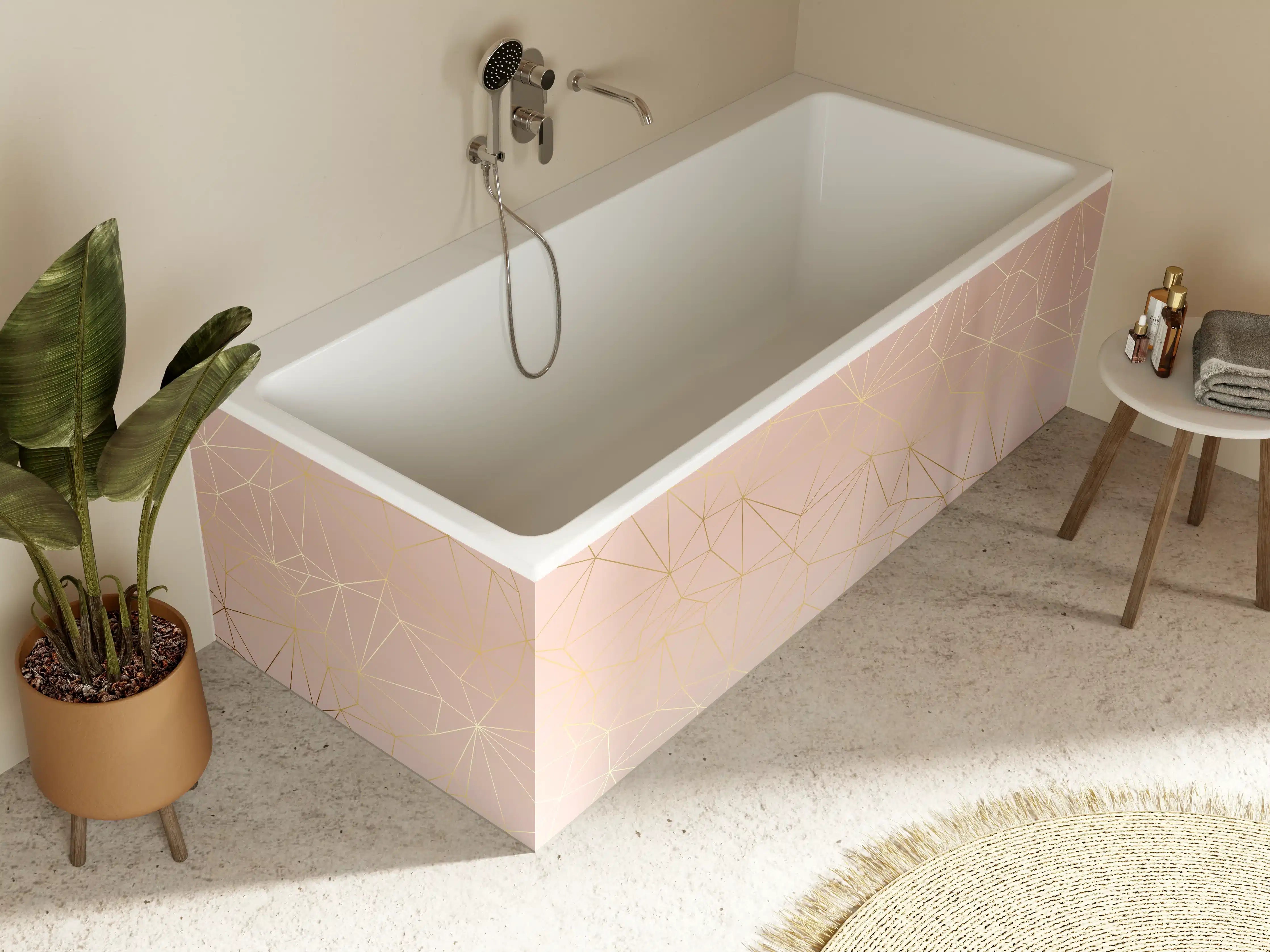 Badewannen-Rückwand - Goldene Linien auf Beige Hintergrund