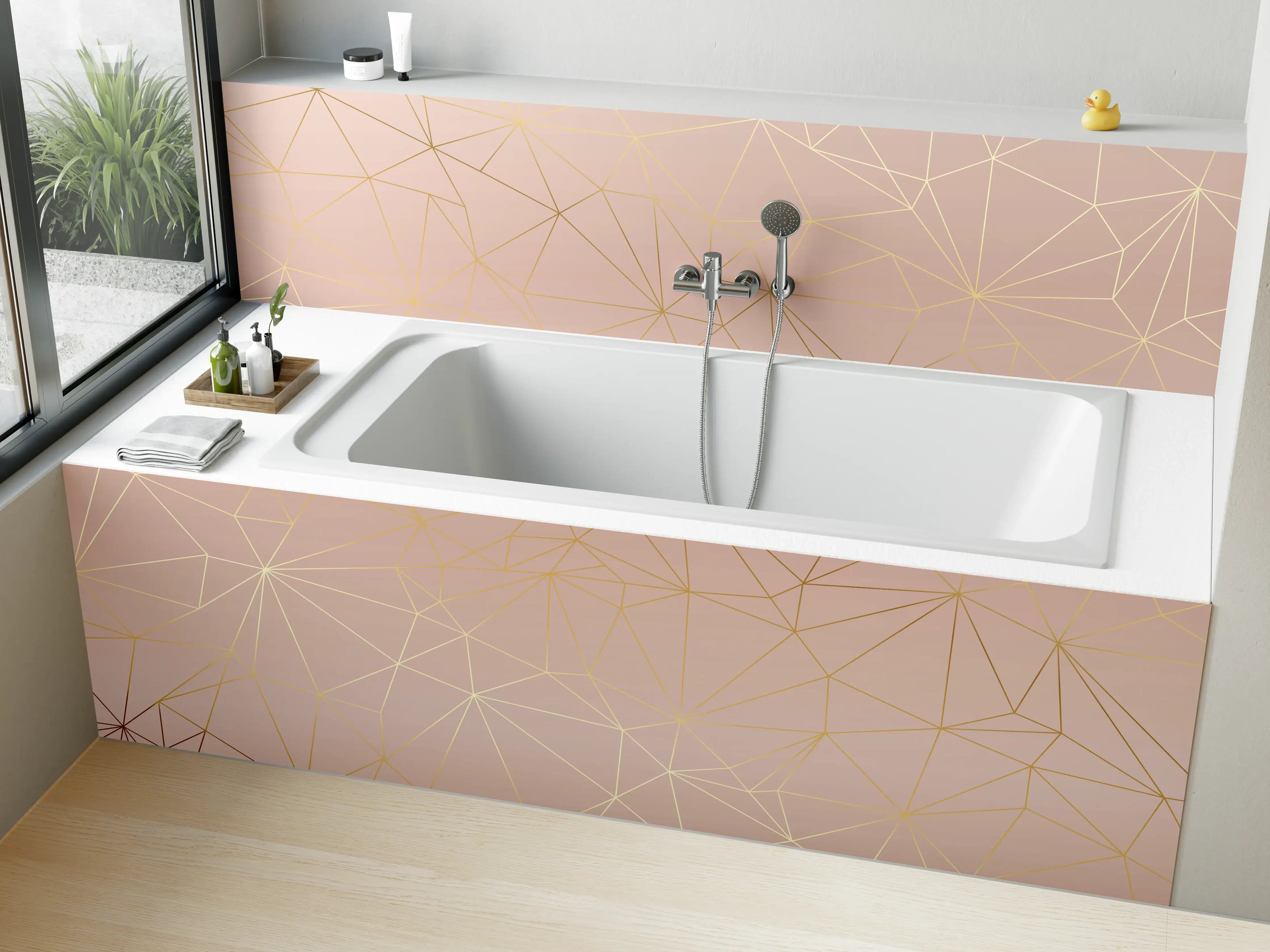 Badewannen-Rückwand - Goldene Linien auf Beige Hintergrund