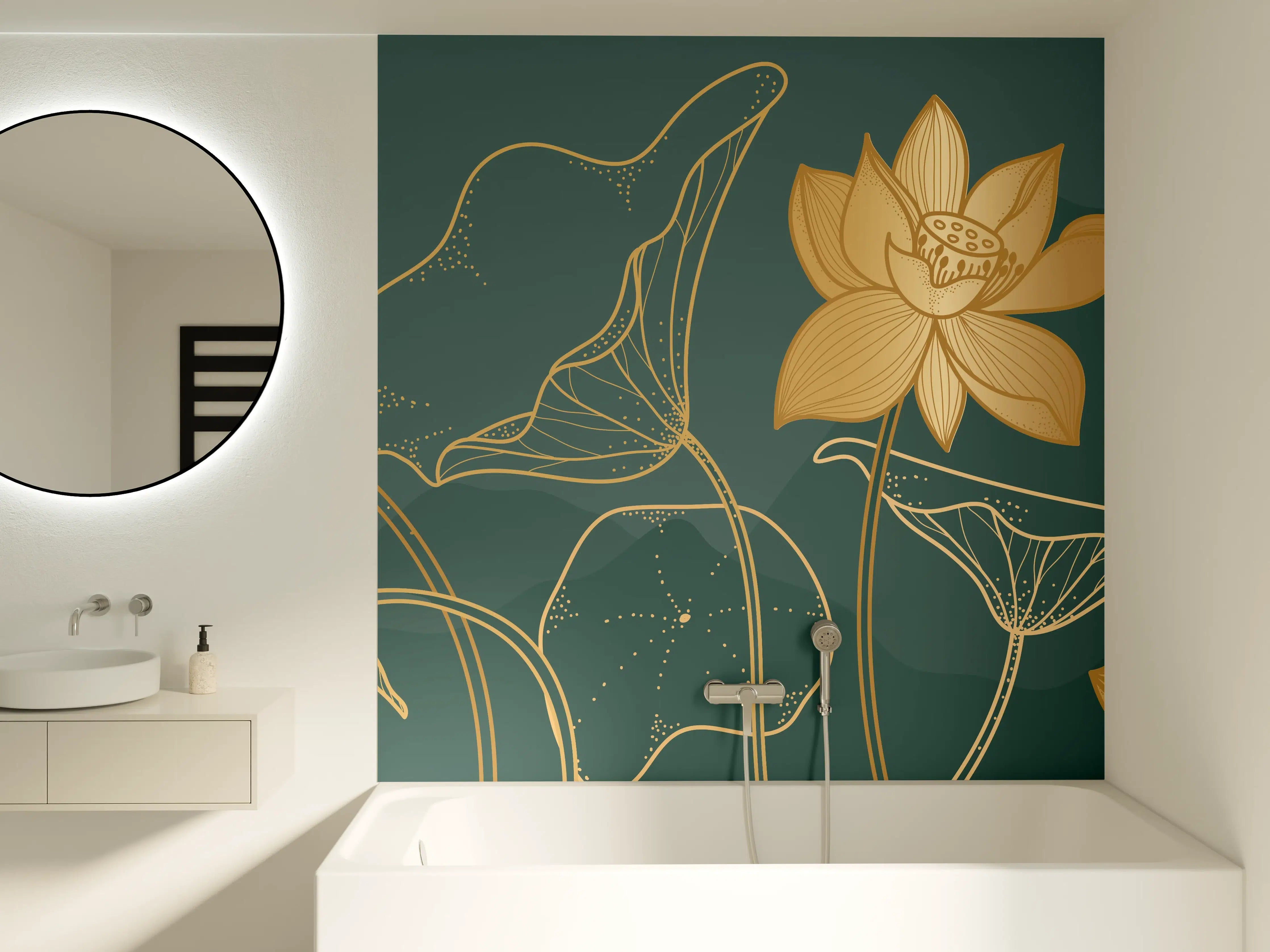 Badewannen-Rückwand - Goldene Lotus Linienzeichnung