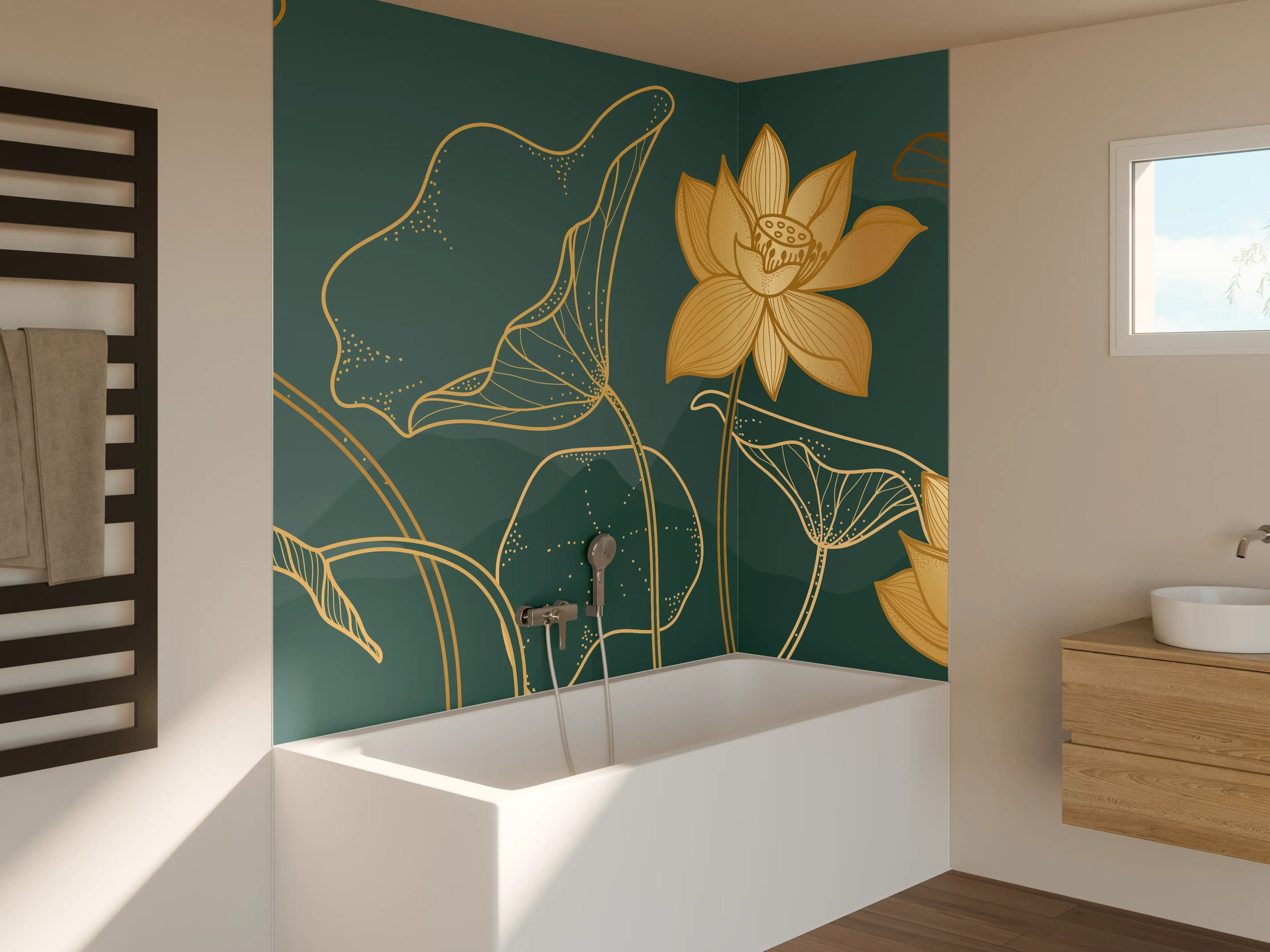 Badewannen-Rückwand - Goldene Lotus Linienzeichnung