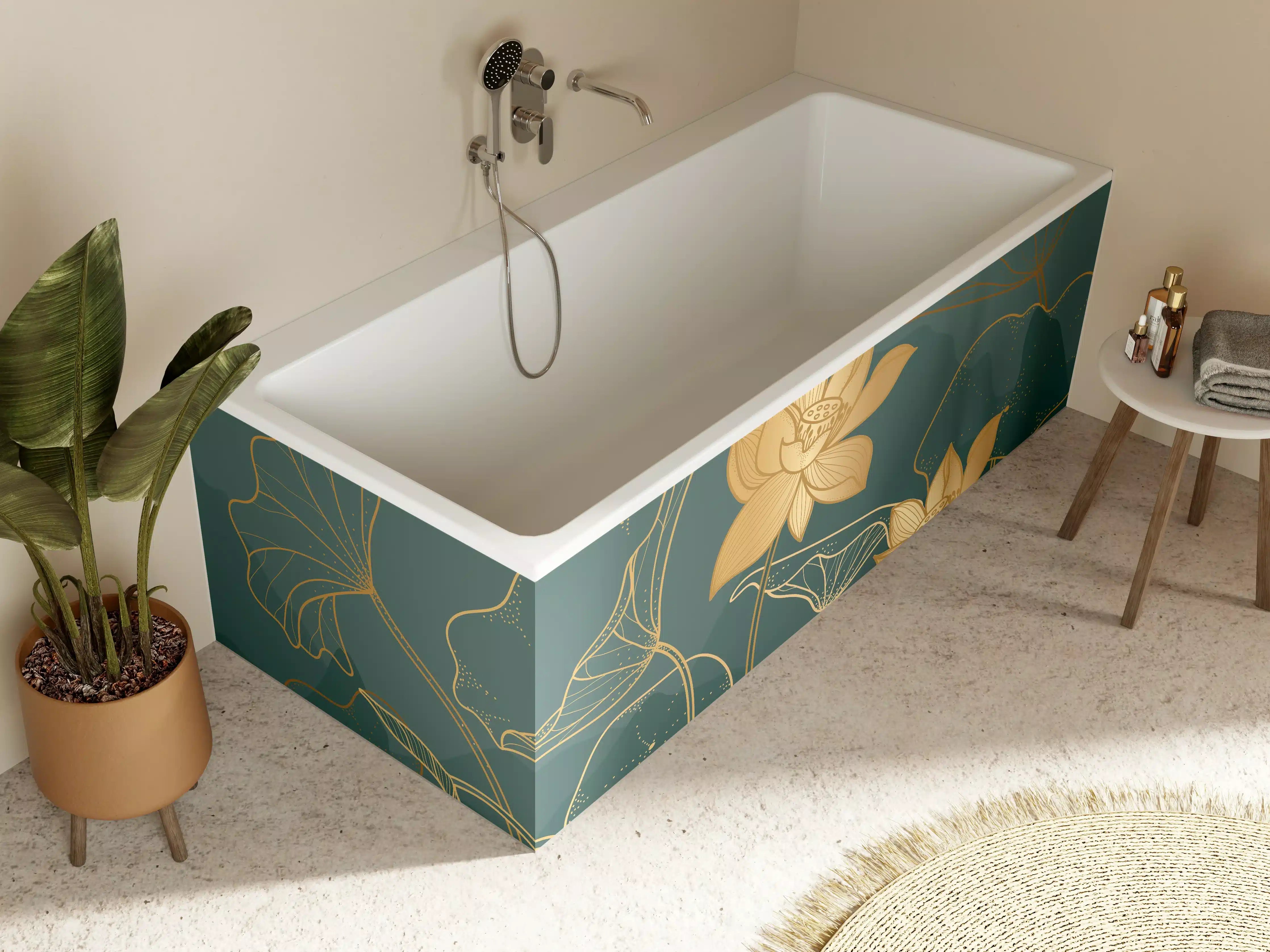 Badewannen-Rückwand - Goldene Lotus Linienzeichnung