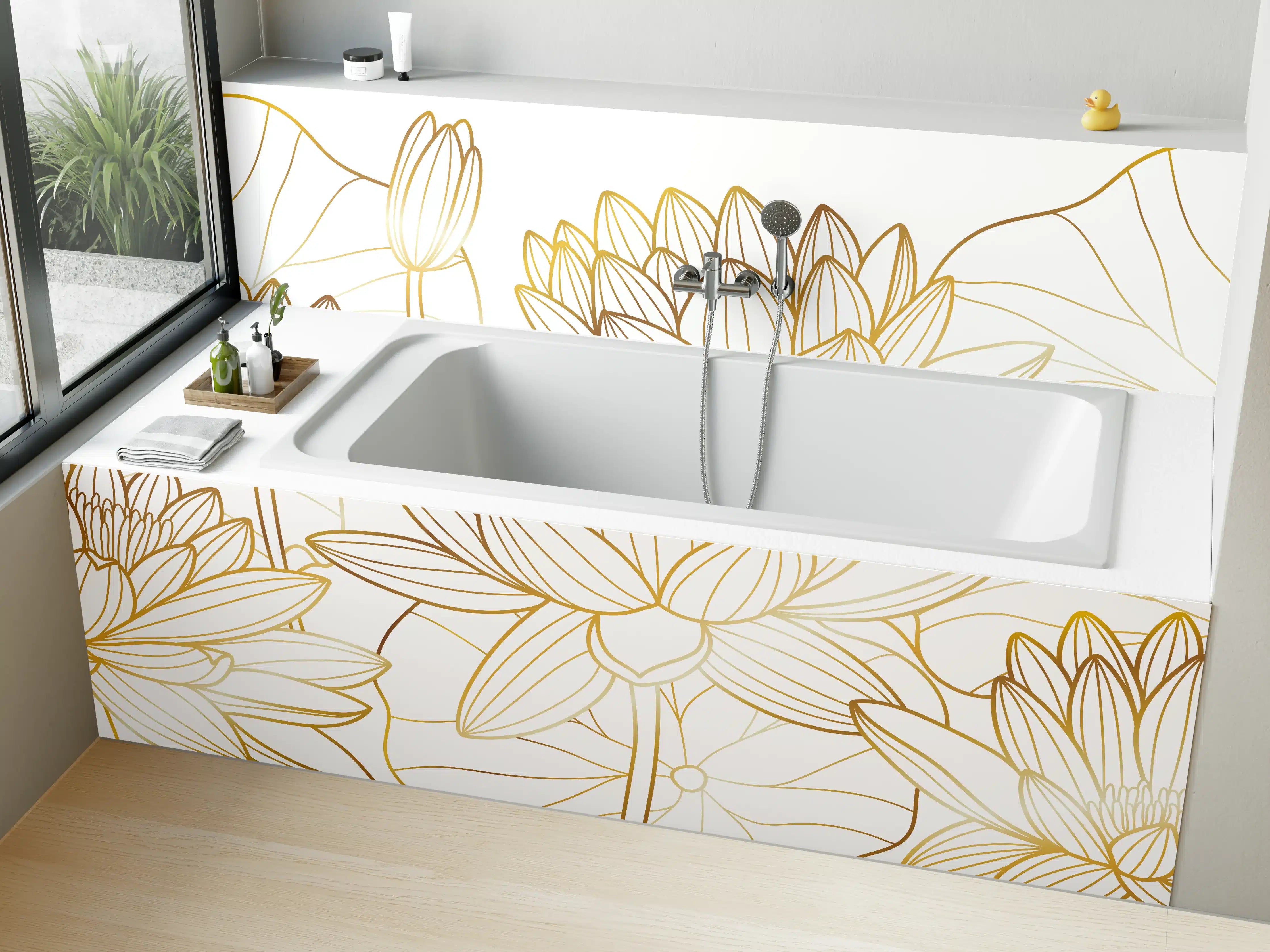 Badewannen-Rückwand - Goldene Lotusblüte Zeichnung