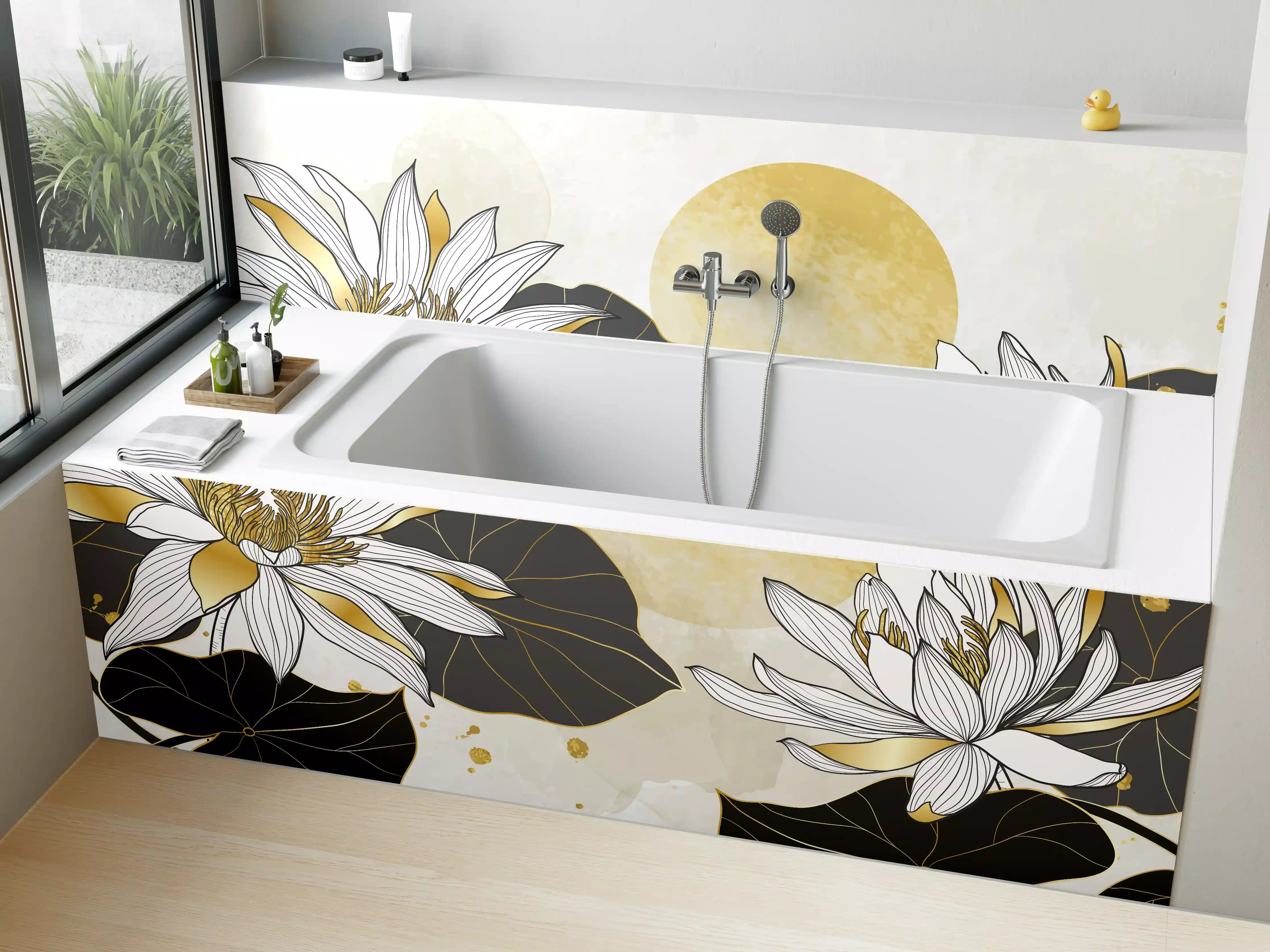 Badewannen-Rückwand - Goldene Lotusblüten Illustration