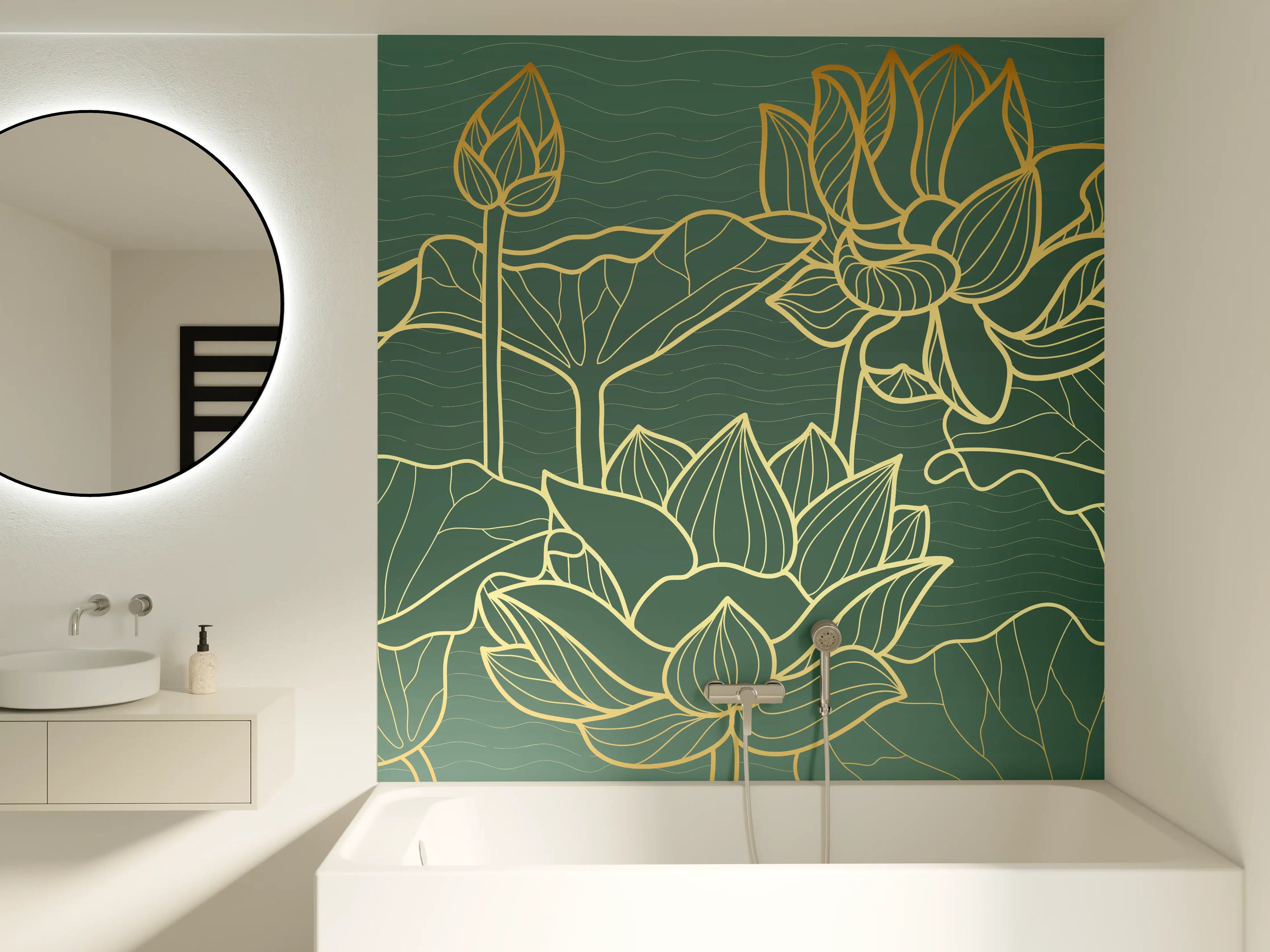 Badewannen-Rückwand - Goldene Lotusblumen Kunstwerk