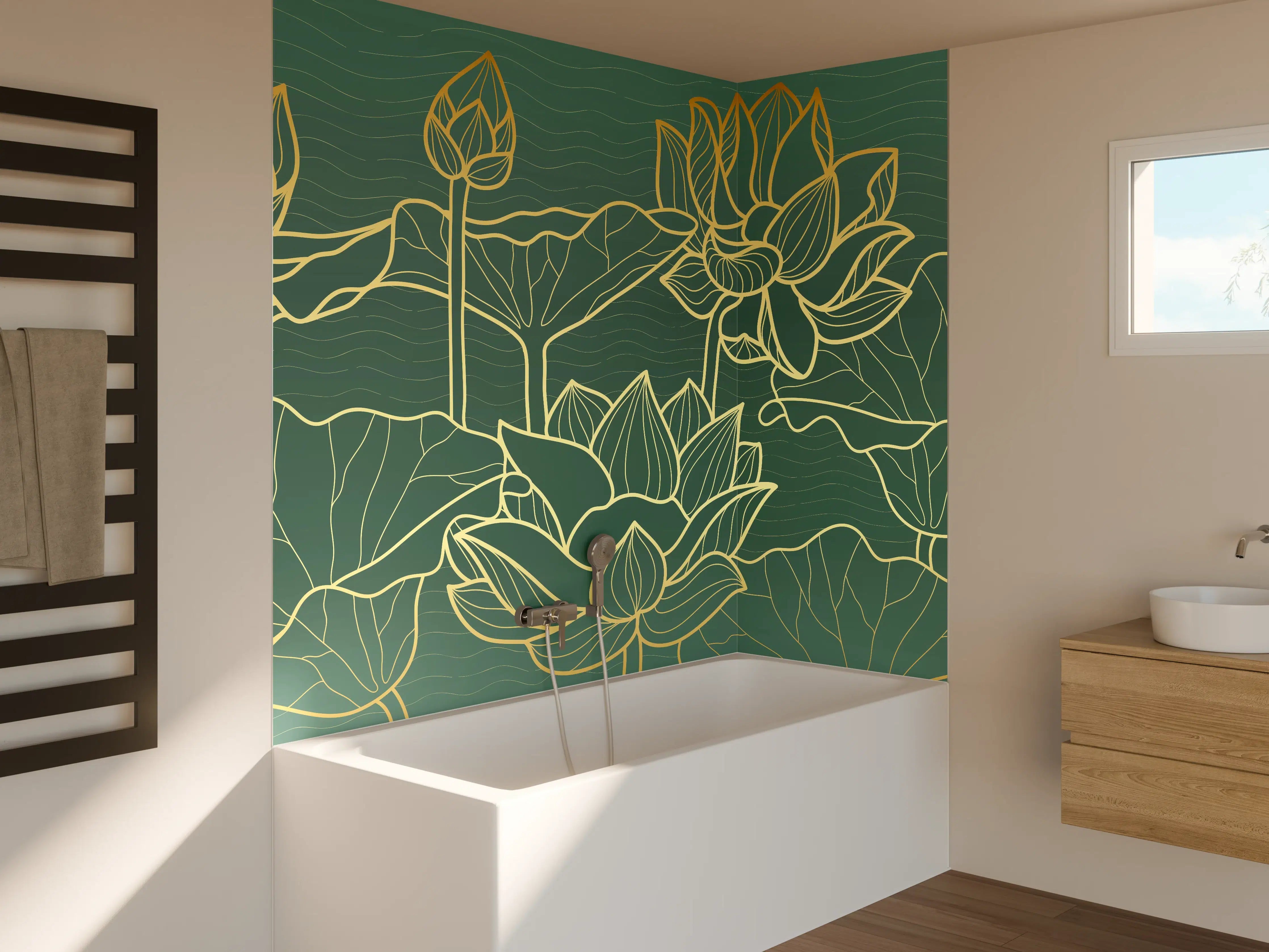 Badewannen-Rückwand - Goldene Lotusblumen Kunstwerk