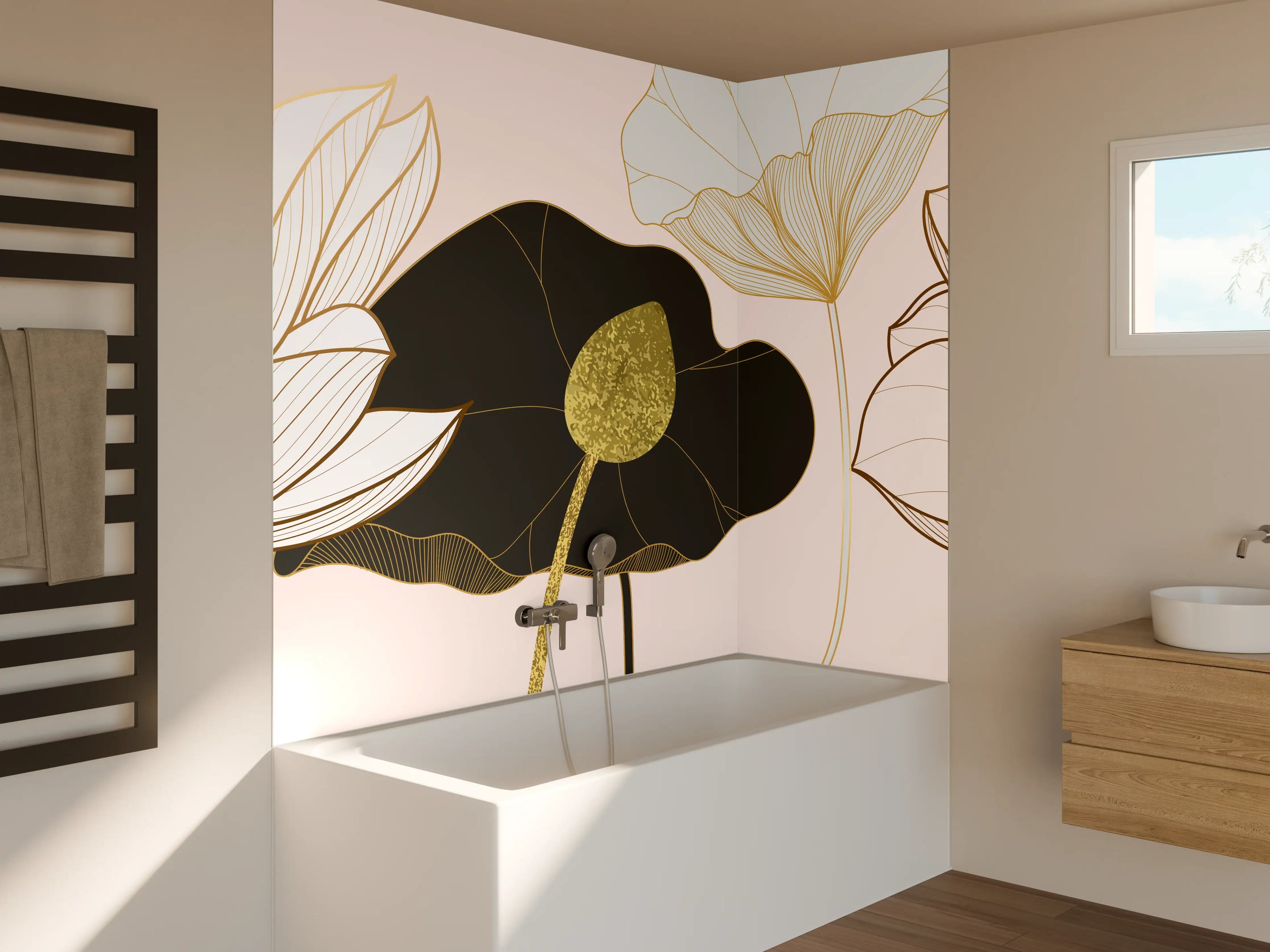 Badewannen-Rückwand - Goldene Lotusblumen auf Schwarz