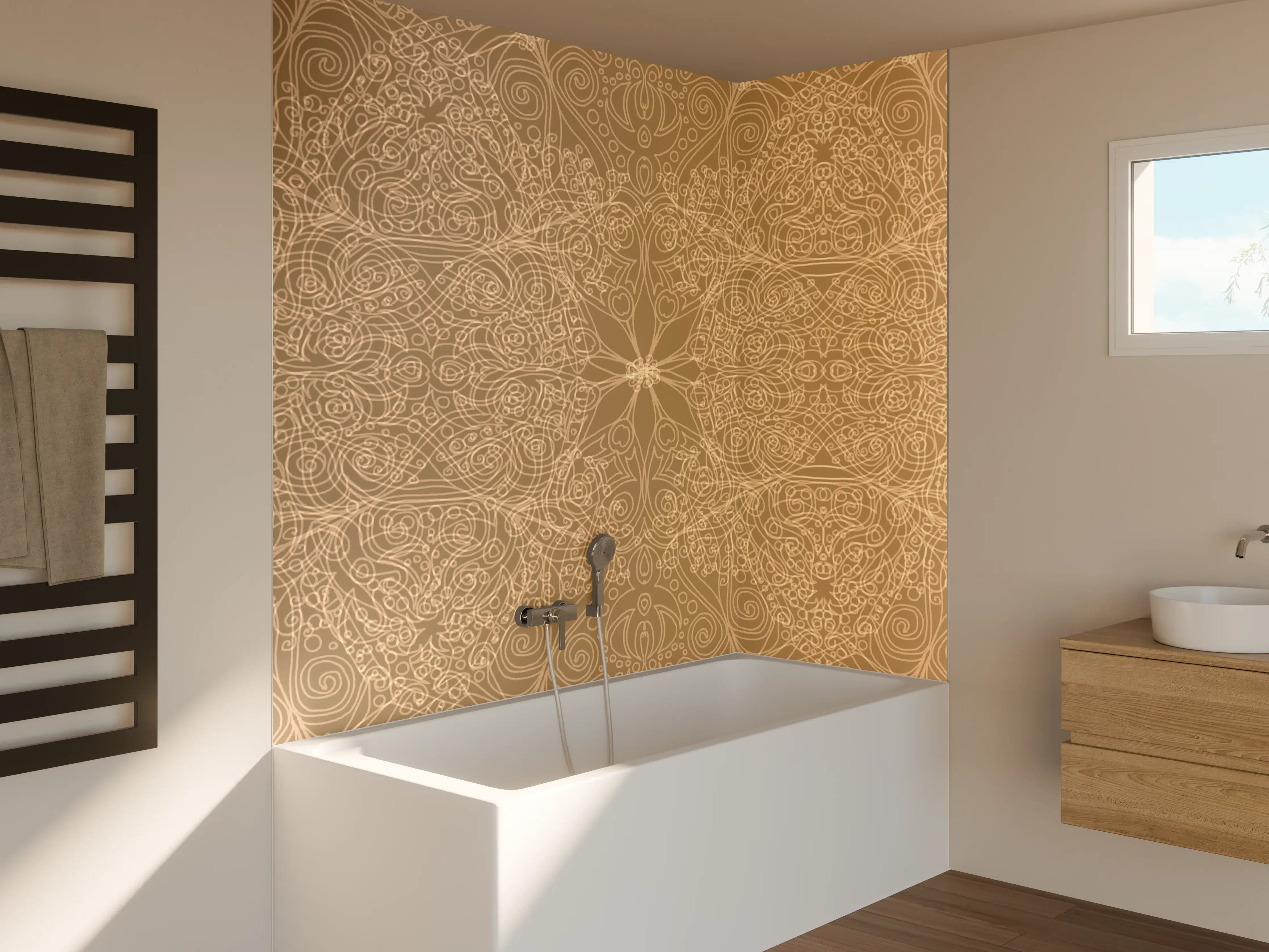 Badewannen-Rückwand - Goldene Ornamentik in warmen Tönen