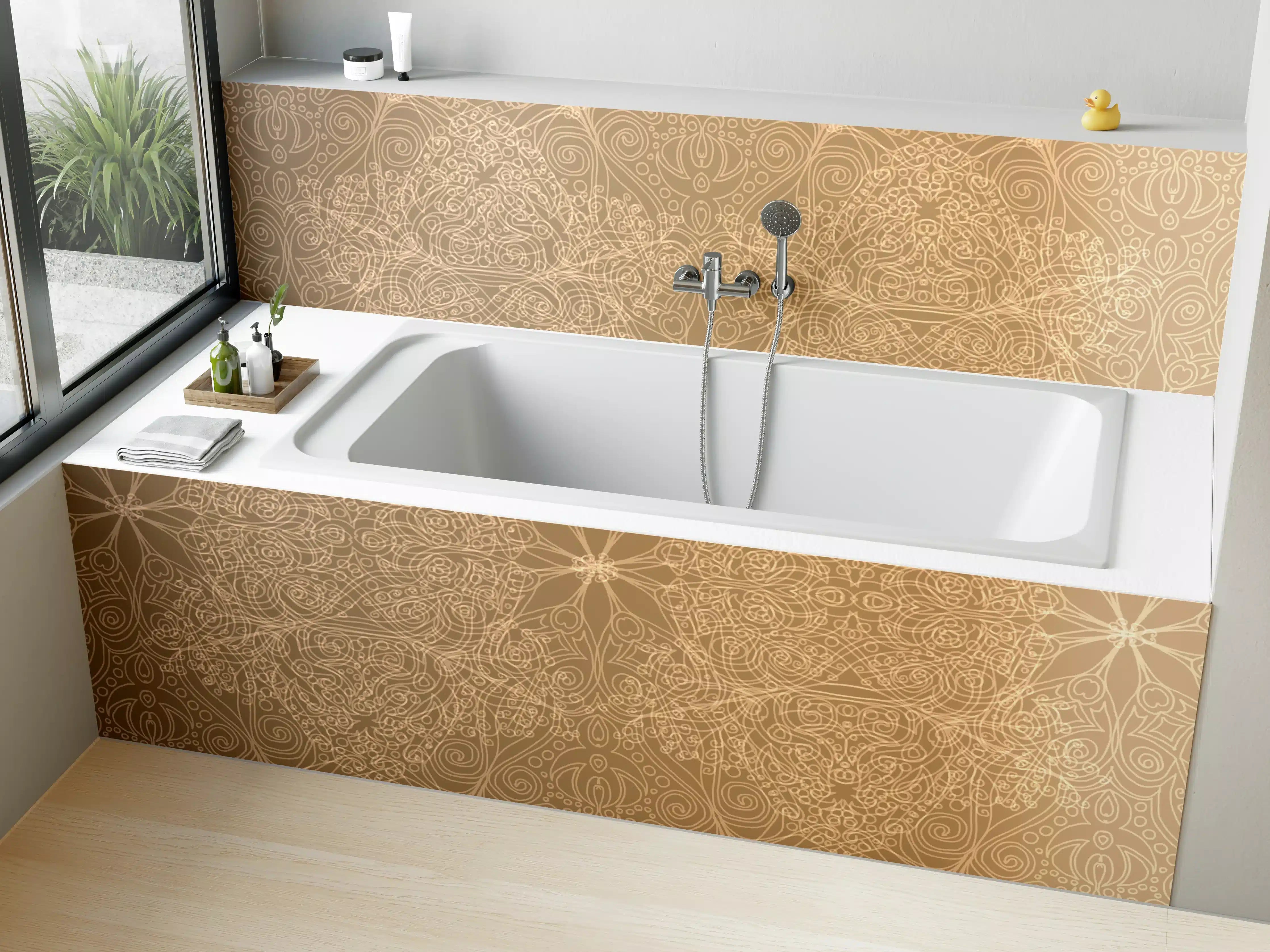 Badewannen-Rückwand - Goldene Ornamentik in warmen Tönen