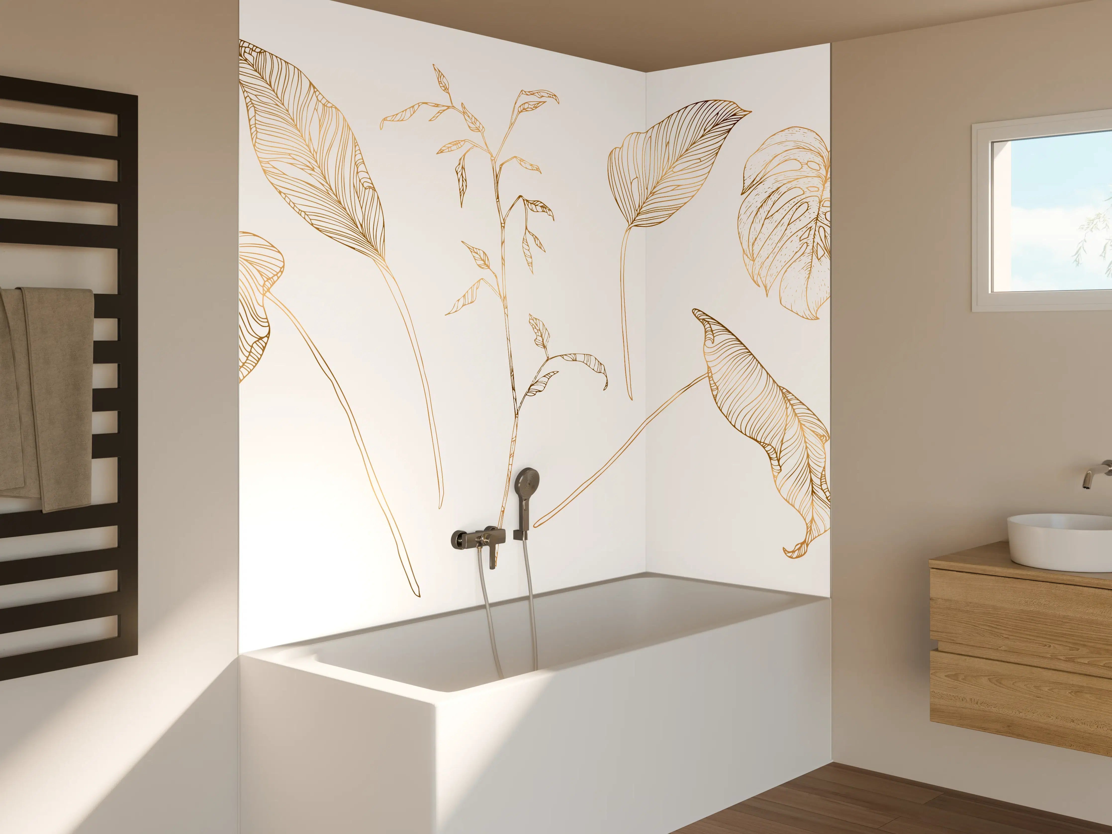 Badewannen-Rückwand - Goldene Pflanzenlinien Zeichnung