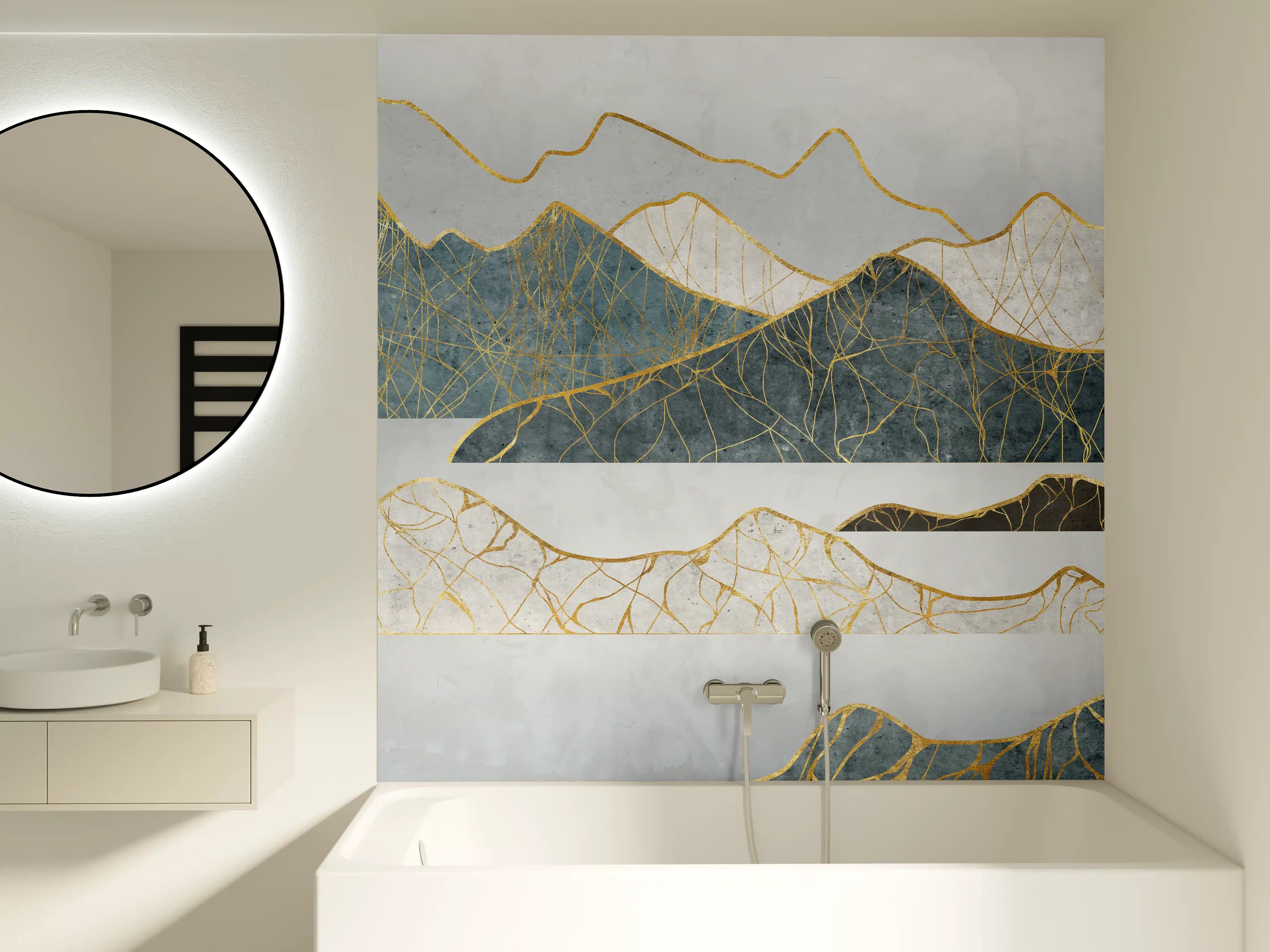 Badewannen-Rückwand - Goldene Silhouetten einer Bergregion