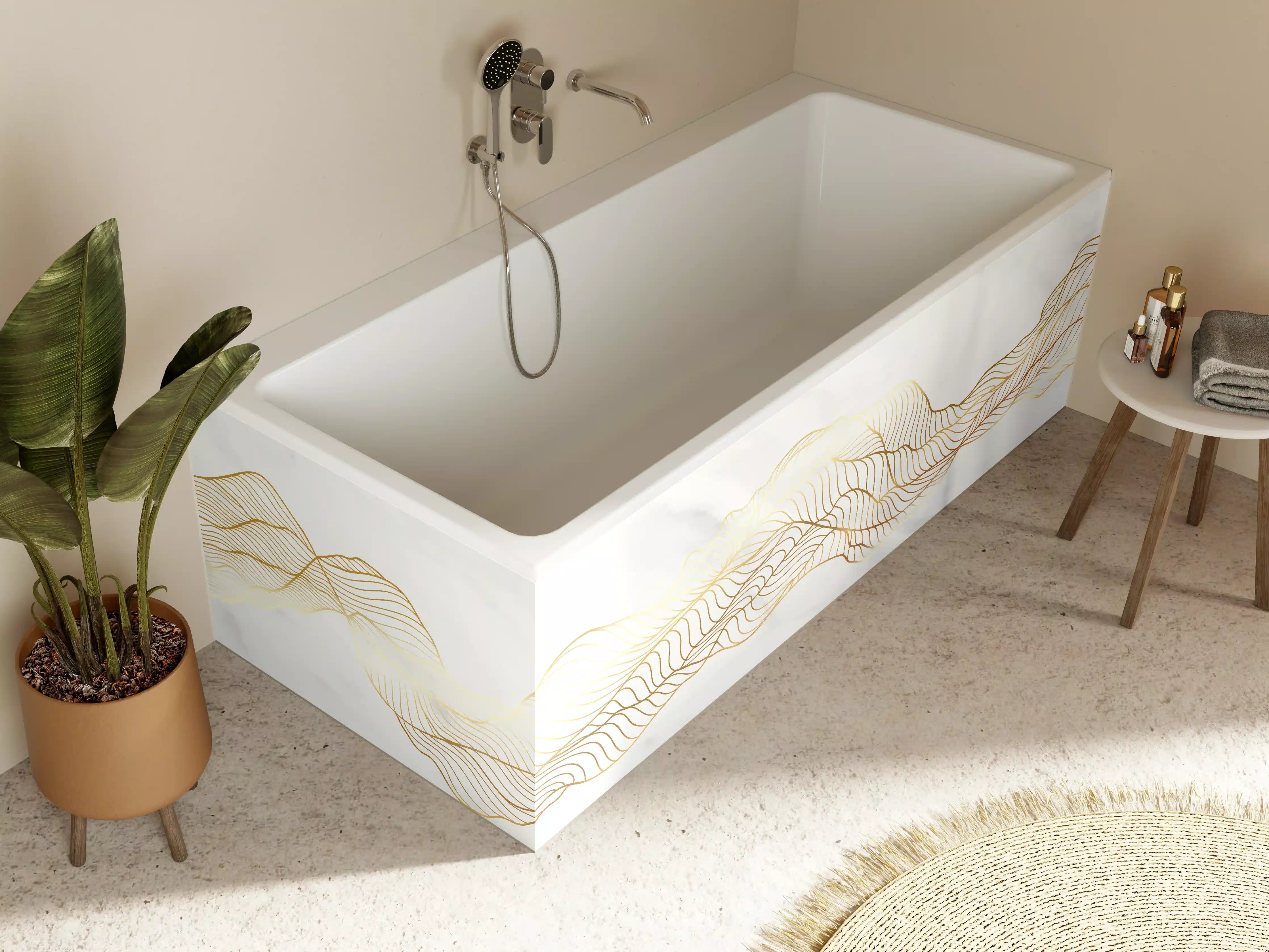 Badewannen-Rückwand - Goldene Welle auf Marmor