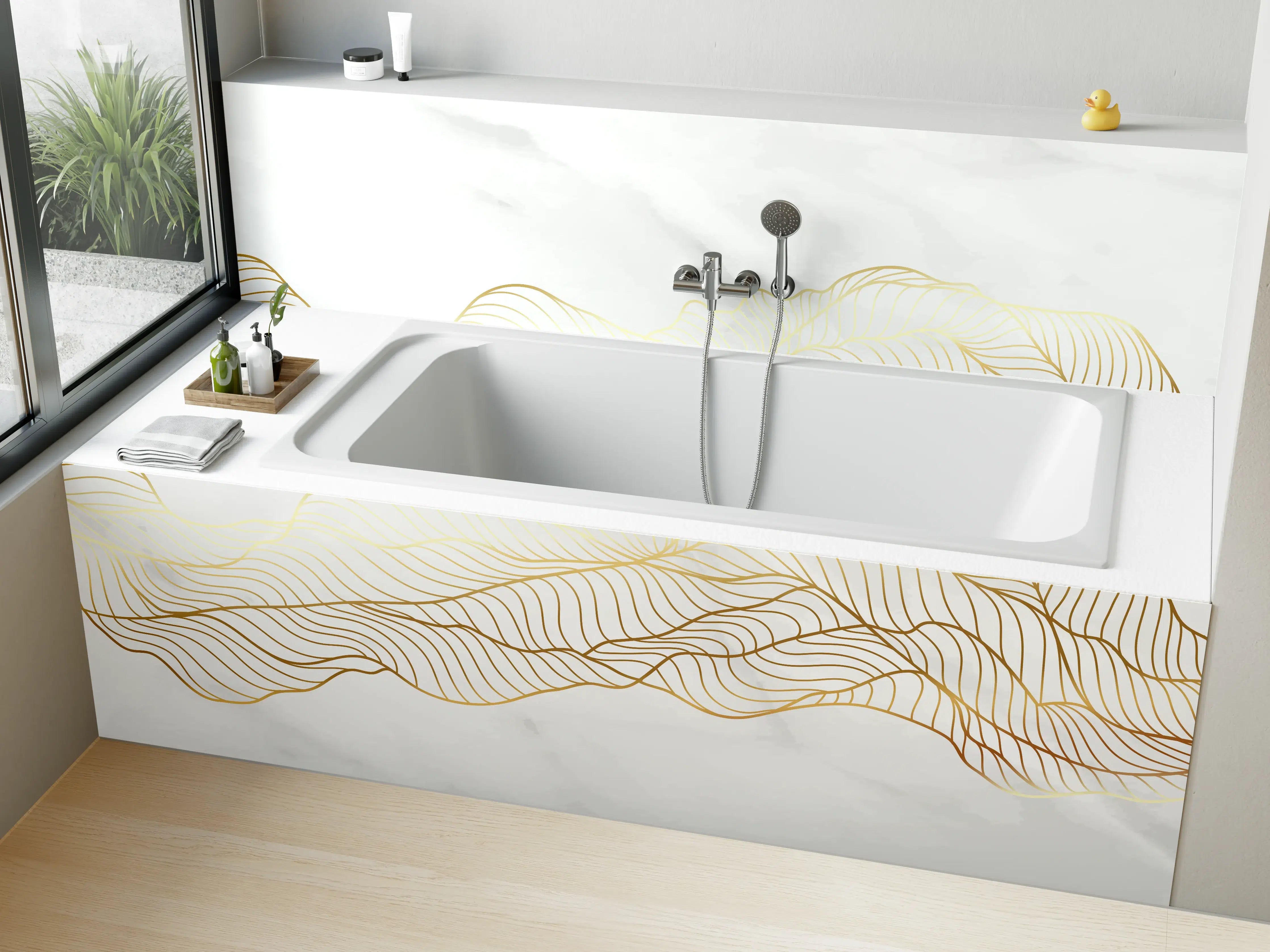 Badewannen-Rückwand - Goldene Welle auf Marmor