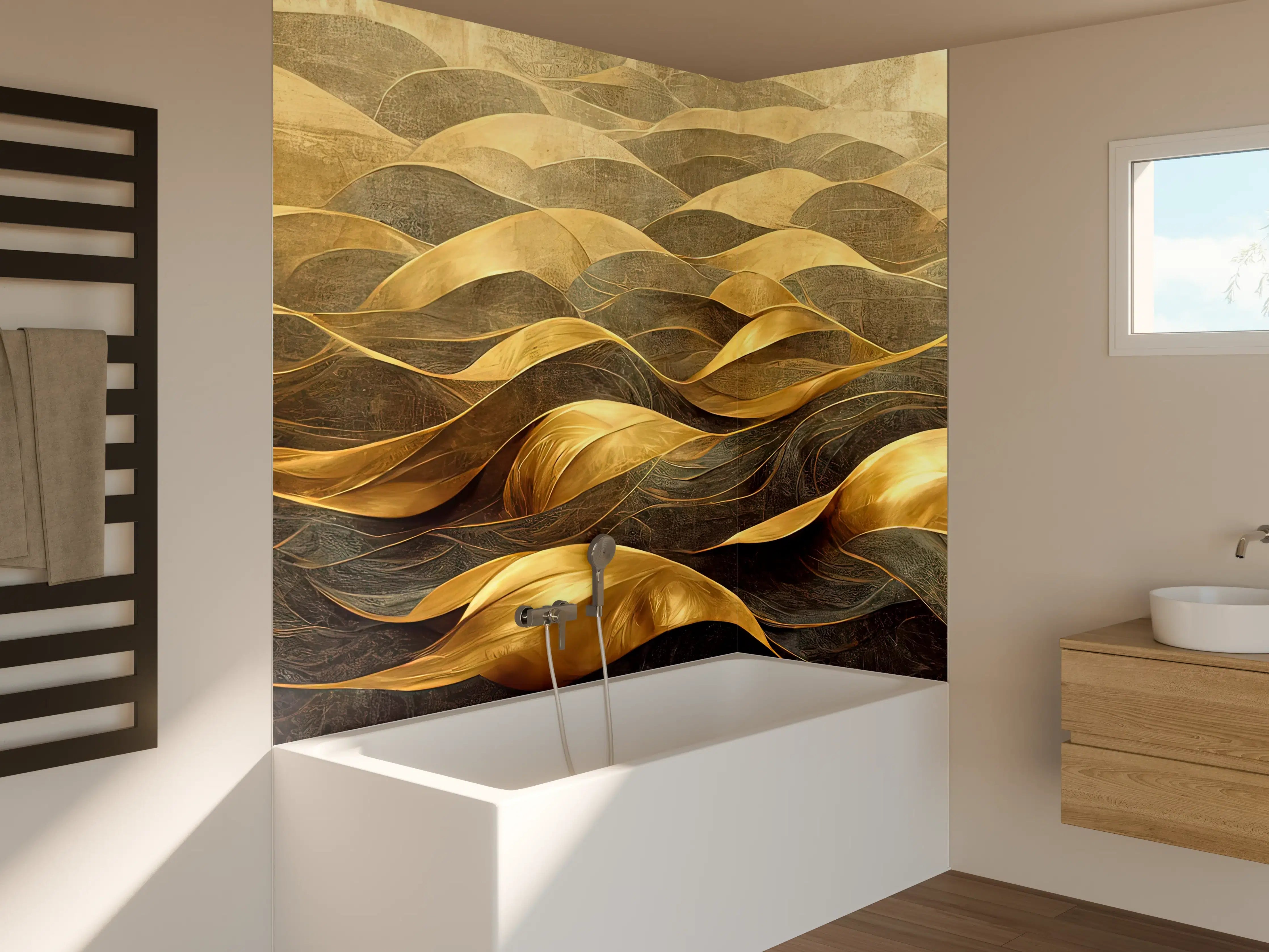 Badewannen-Rückwand - Goldene Wellengrafik mit dunklem Hintergrund