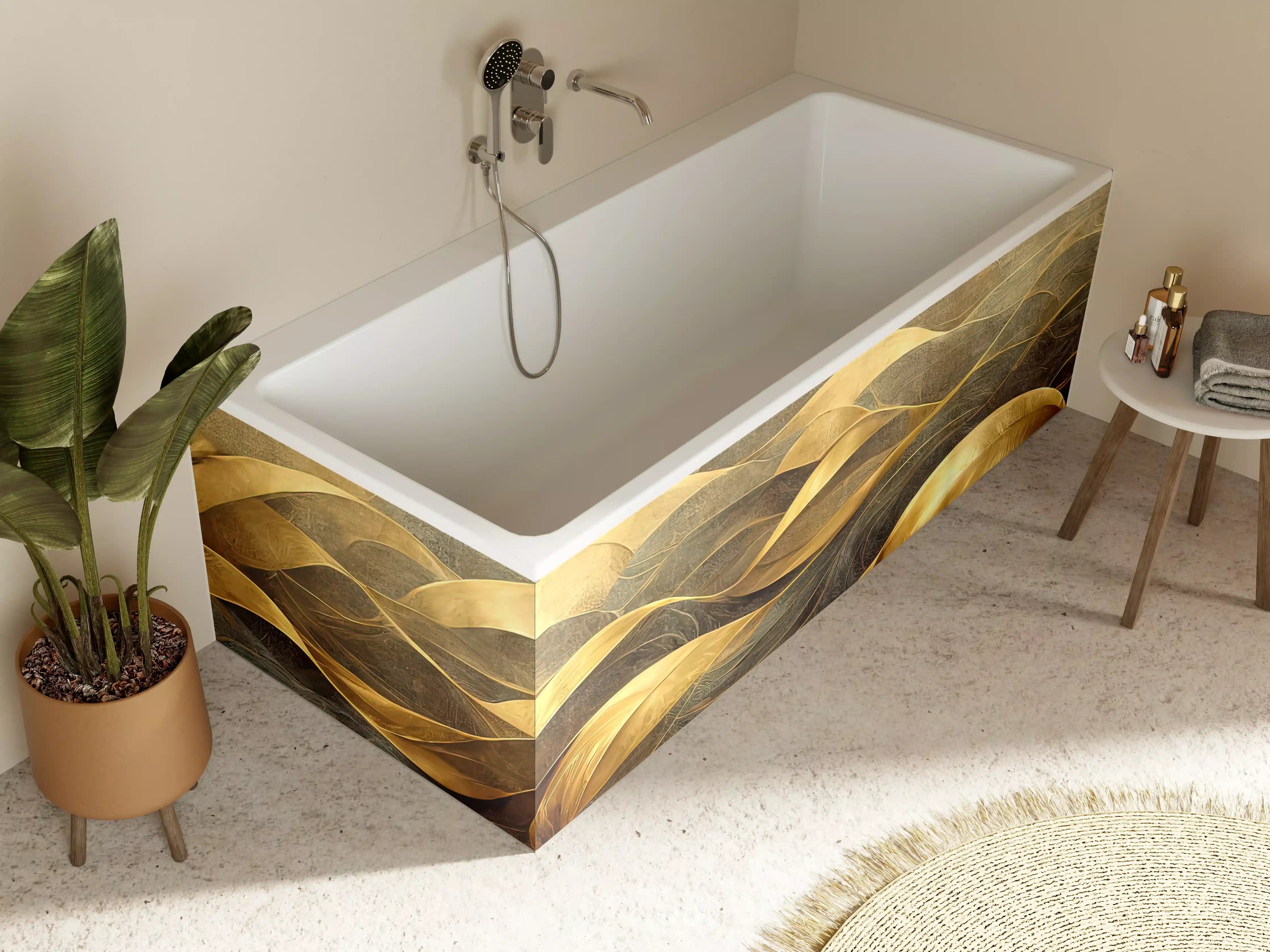 Badewannen-Rückwand - Goldene Wellengrafik mit dunklem Hintergrund