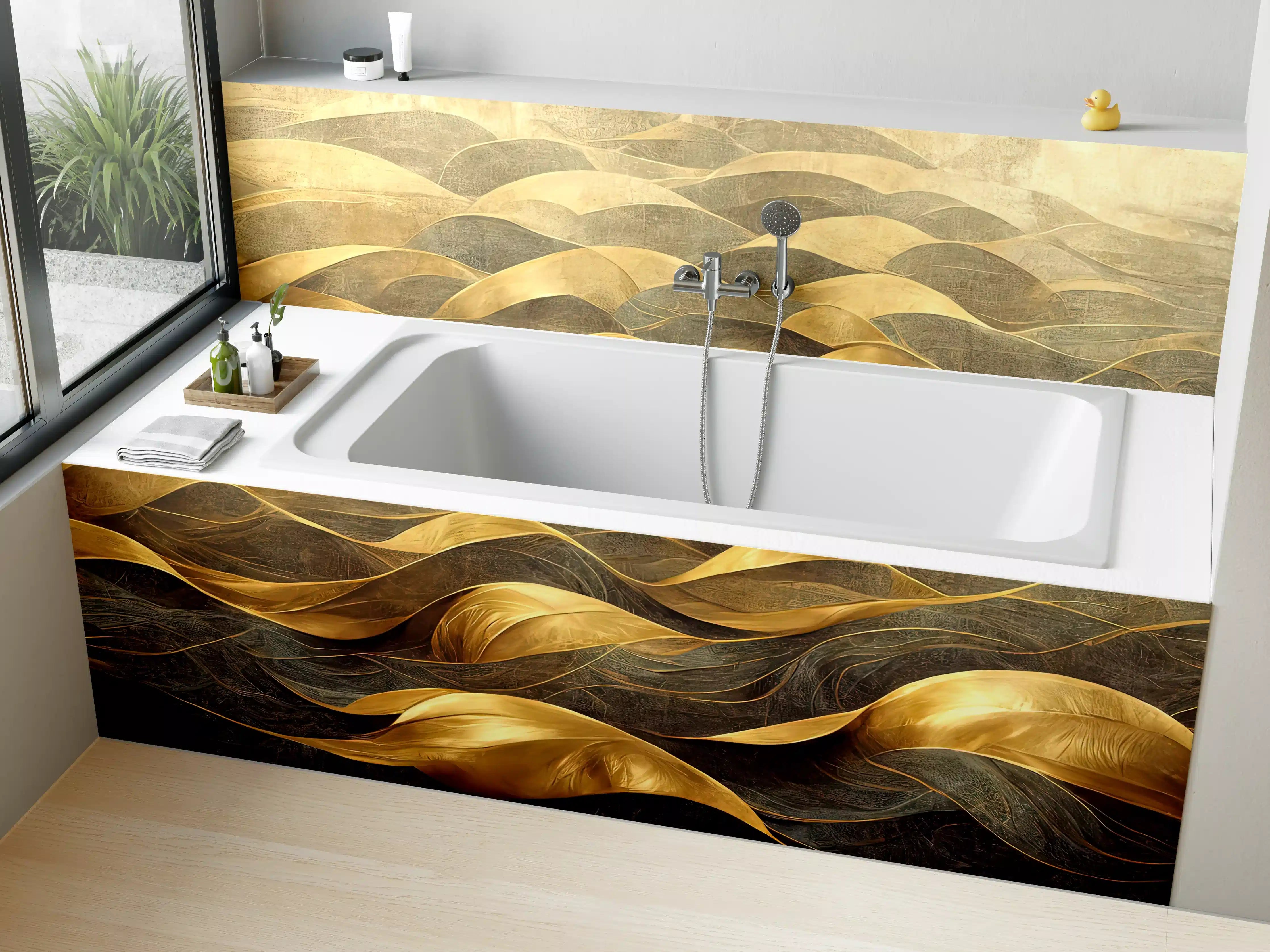 Badewannen-Rückwand - Goldene Wellengrafik mit dunklem Hintergrund