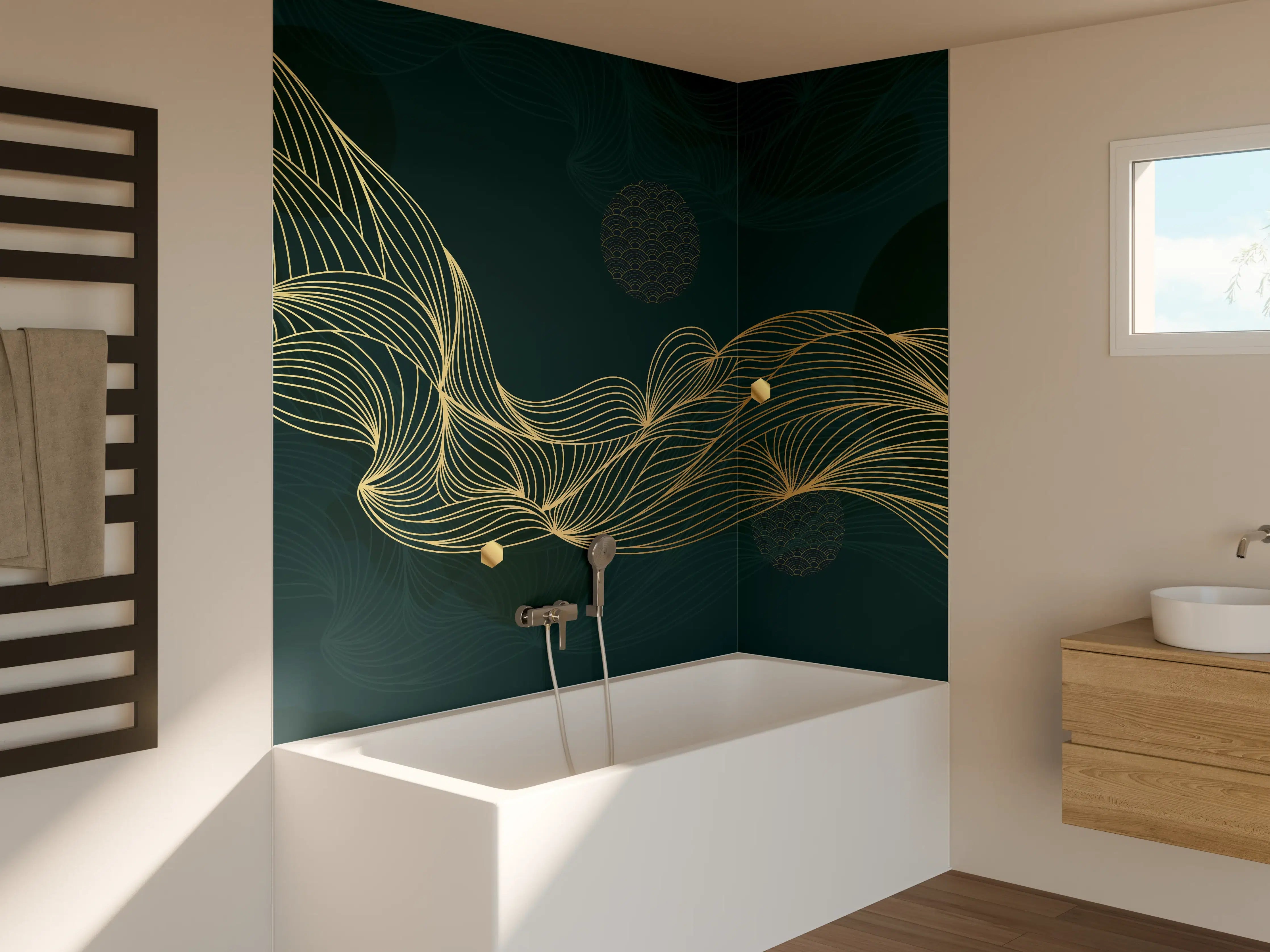 Badewannen-Rückwand - Goldene Wellenlinien auf Dunkelblau