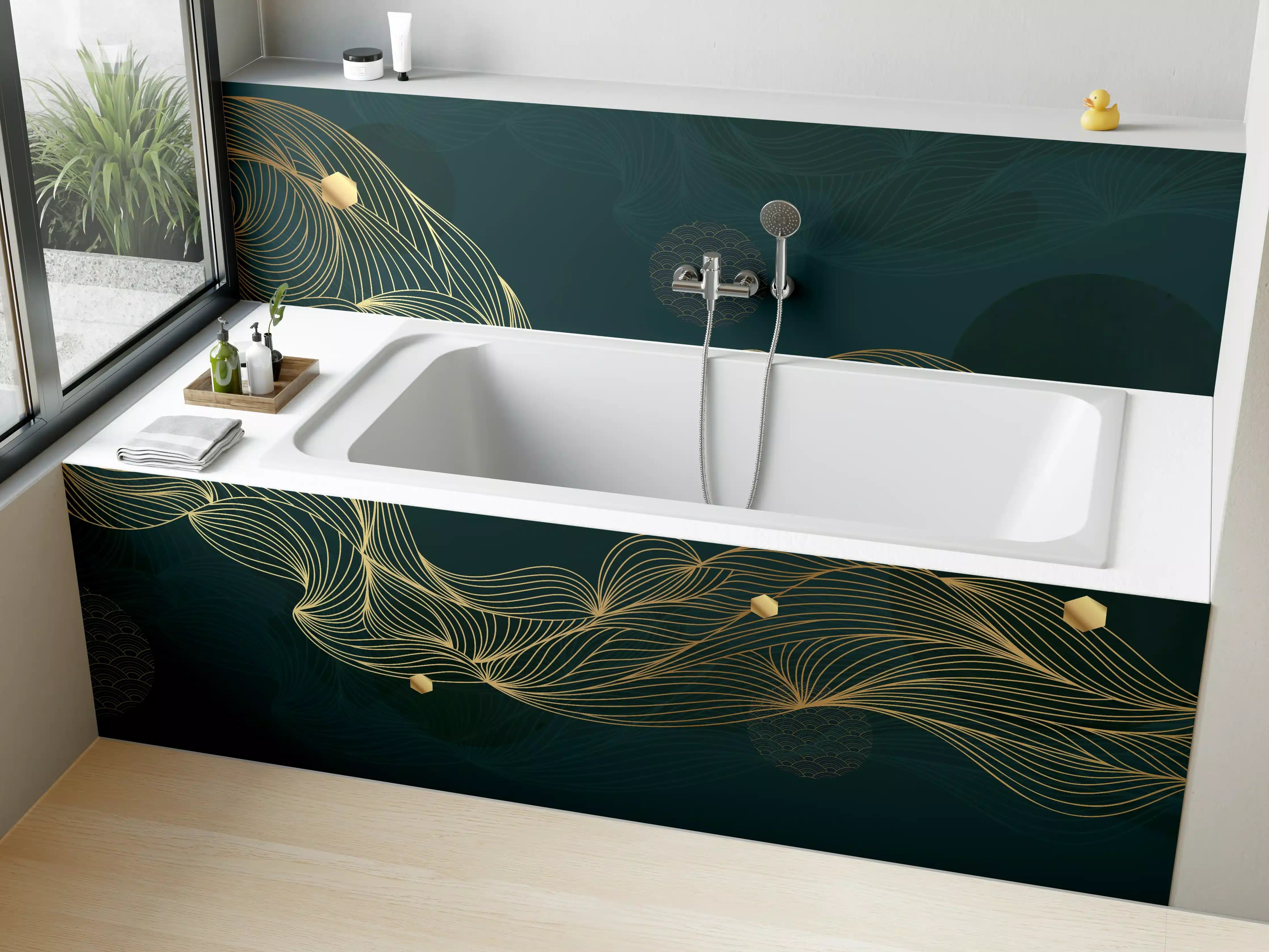 Badewannen-Rückwand - Goldene Wellenlinien auf Dunkelblau