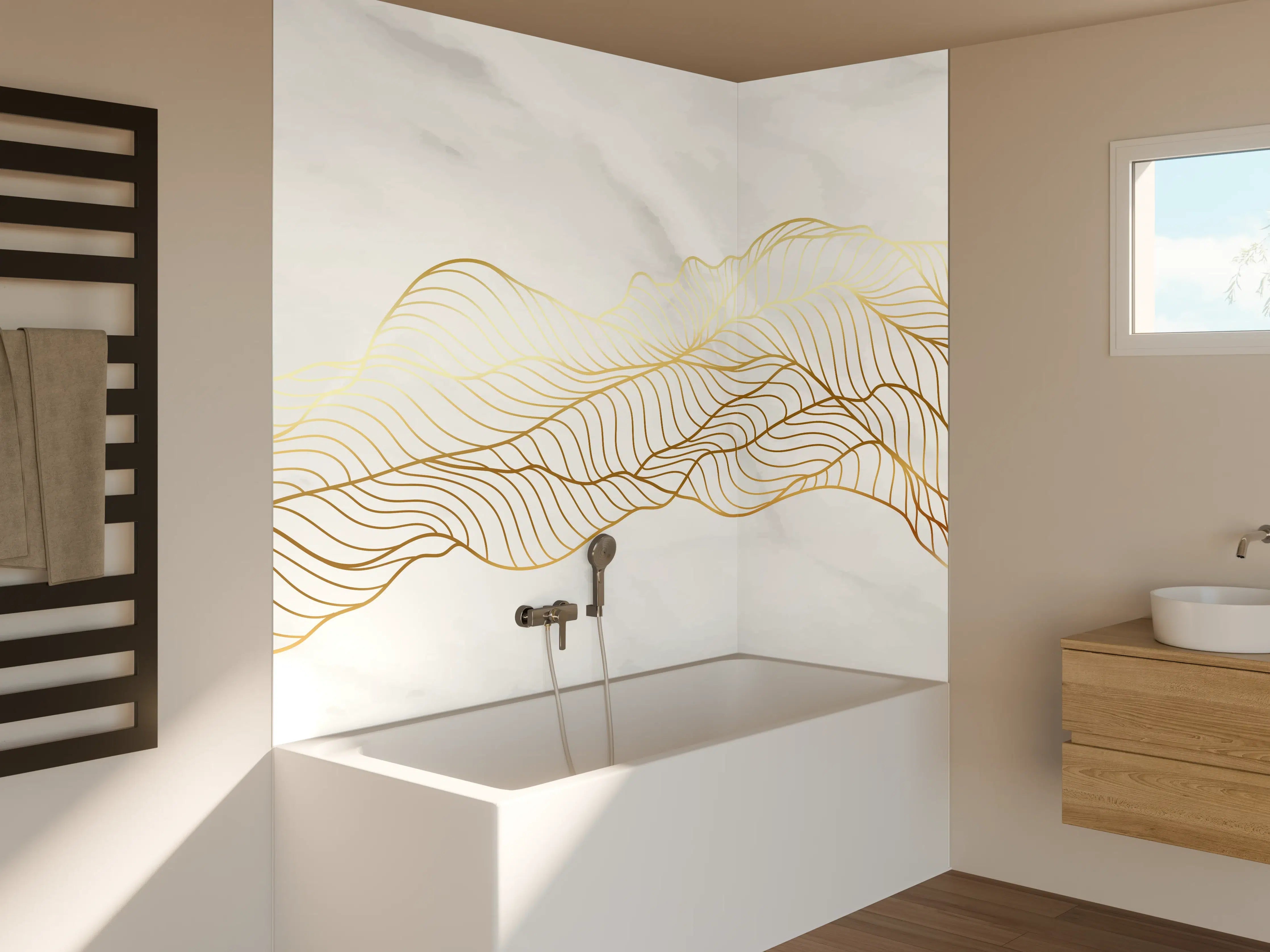 Badewannen-Rückwand - Goldene Wellenlinien auf Marmor